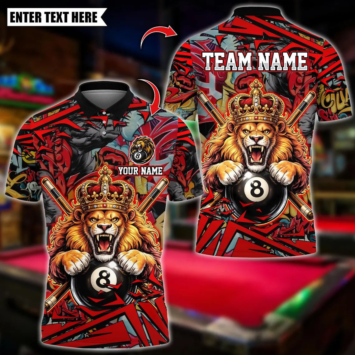 BlueJose Billiards 8 Ball Lion King Graffiti Pattern Personalized Name Shirt (4 Colors)