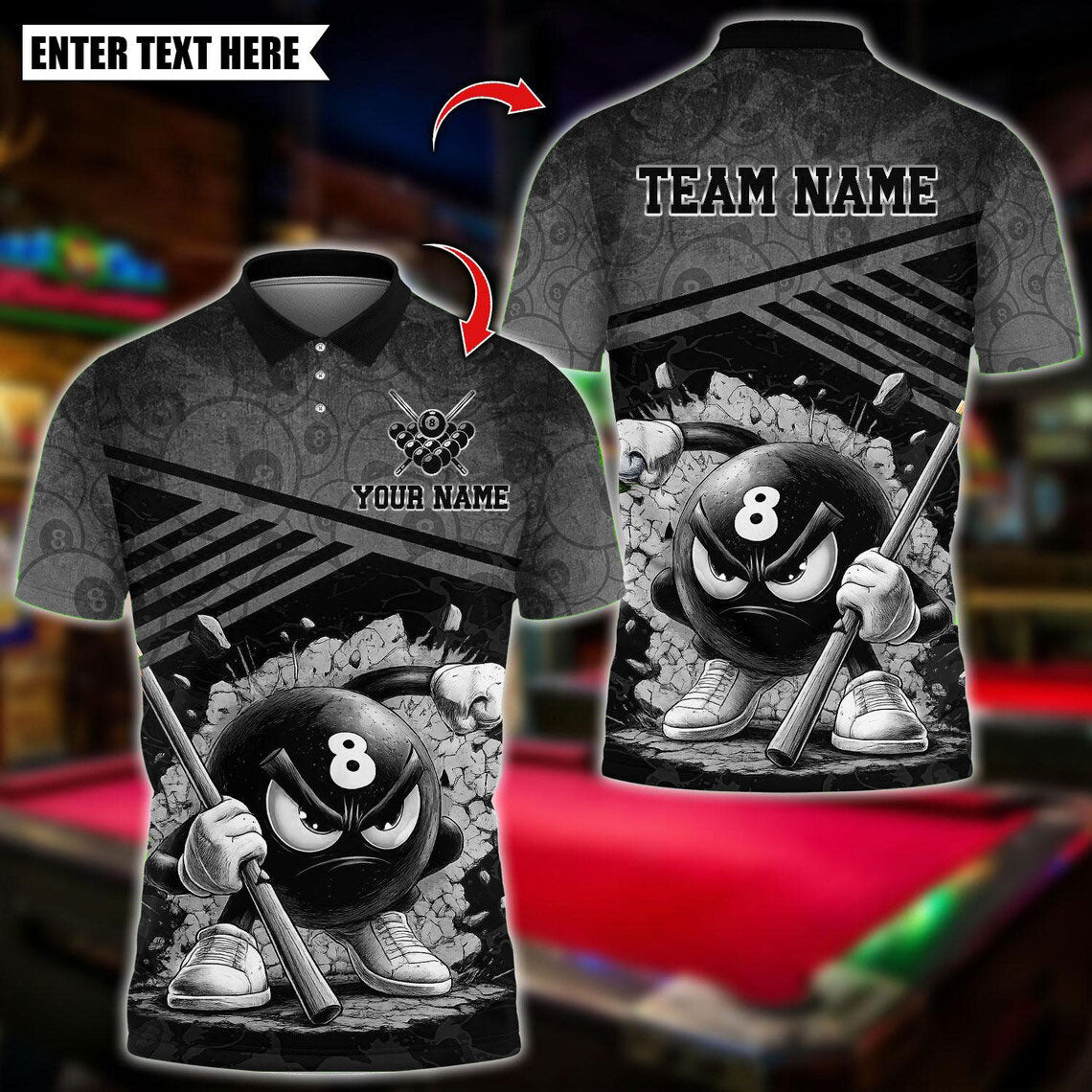 BlueJose Billiards Angry 8 Ball Pool Cartoon Design Customized Name, Team Name 3D Shirt (6 Colors)