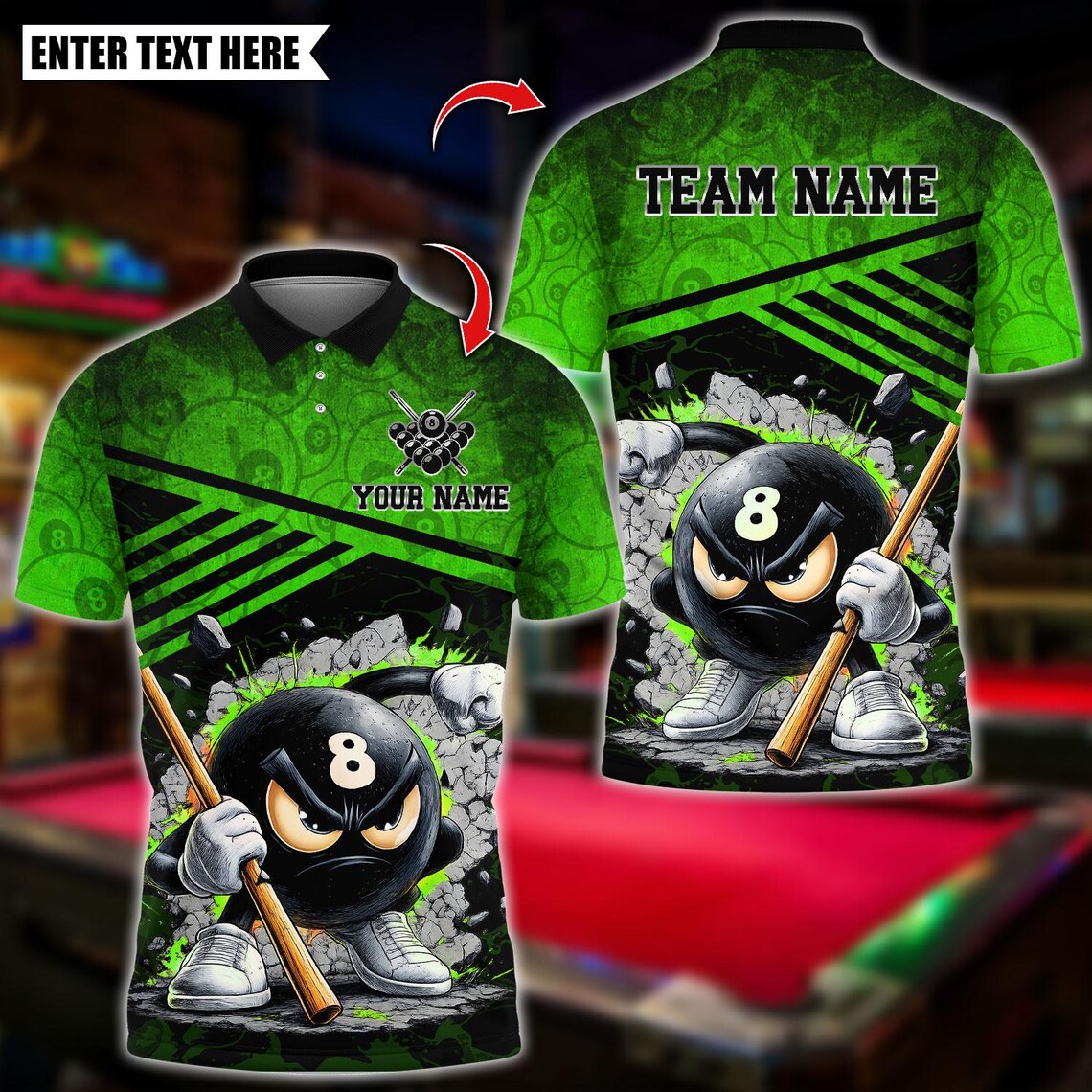 BlueJose Billiards Angry 8 Ball Pool Cartoon Design Customized Name, Team Name 3D Shirt (6 Colors)