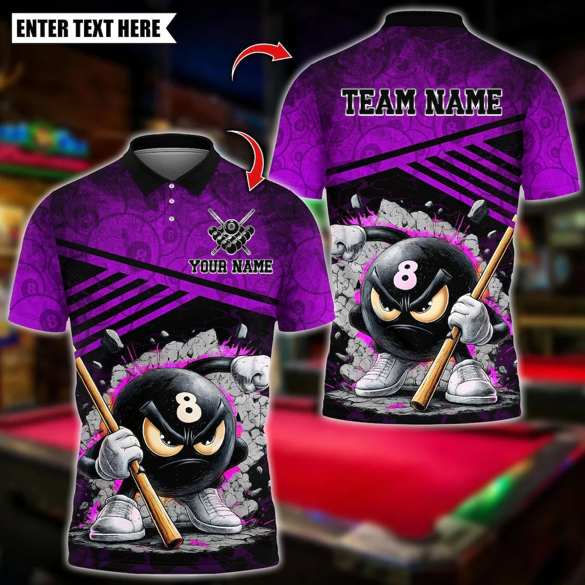 BlueJose Billiards Angry 8 Ball Pool Cartoon Design Customized Name, Team Name 3D Shirt (6 Colors)