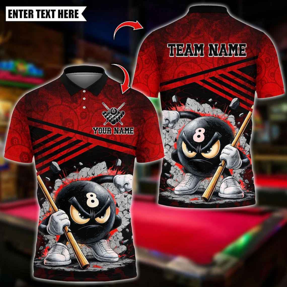 BlueJose Billiards Angry 8 Ball Pool Cartoon Design Customized Name, Team Name 3D Shirt (6 Colors)