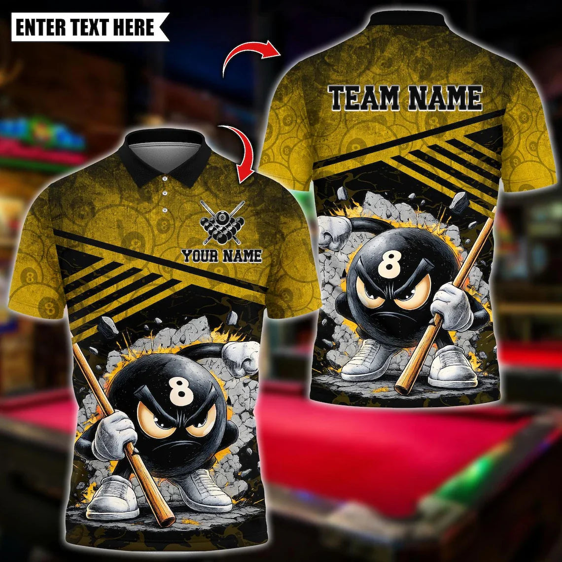 BlueJose Billiards Angry 8 Ball Pool Cartoon Design Customized Name, Team Name 3D Shirt (6 Colors)