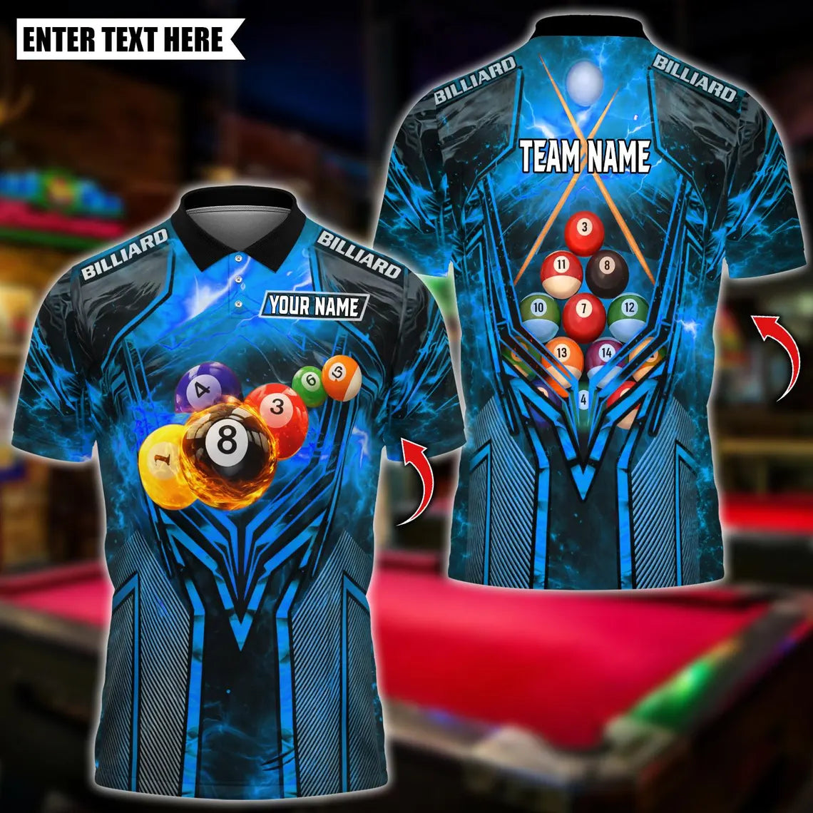 BlueJose Billiards Flame Thunder 8 Ball Pool Lightning Billiard Design Personalized Name Shirt (4 Colors)