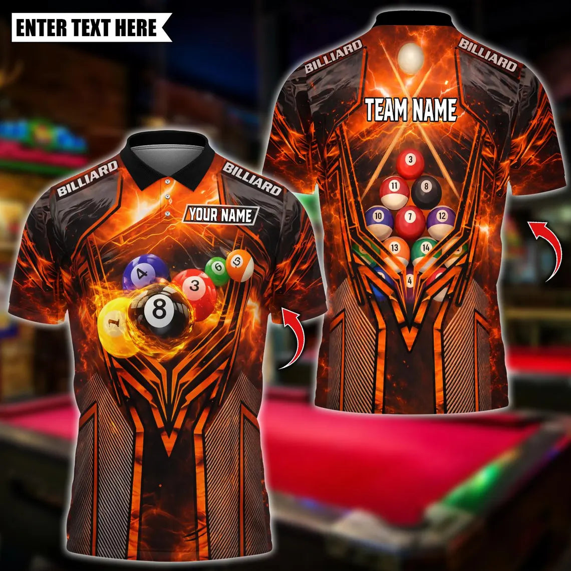 BlueJose Billiards Flame Thunder 8 Ball Pool Lightning Billiard Design Personalized Name Shirt (4 Colors)