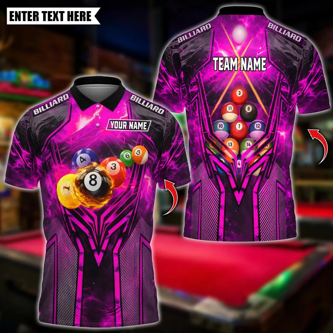 BlueJose Billiards Flame Thunder 8 Ball Pool Lightning Billiard Design Personalized Name Shirt (4 Colors)