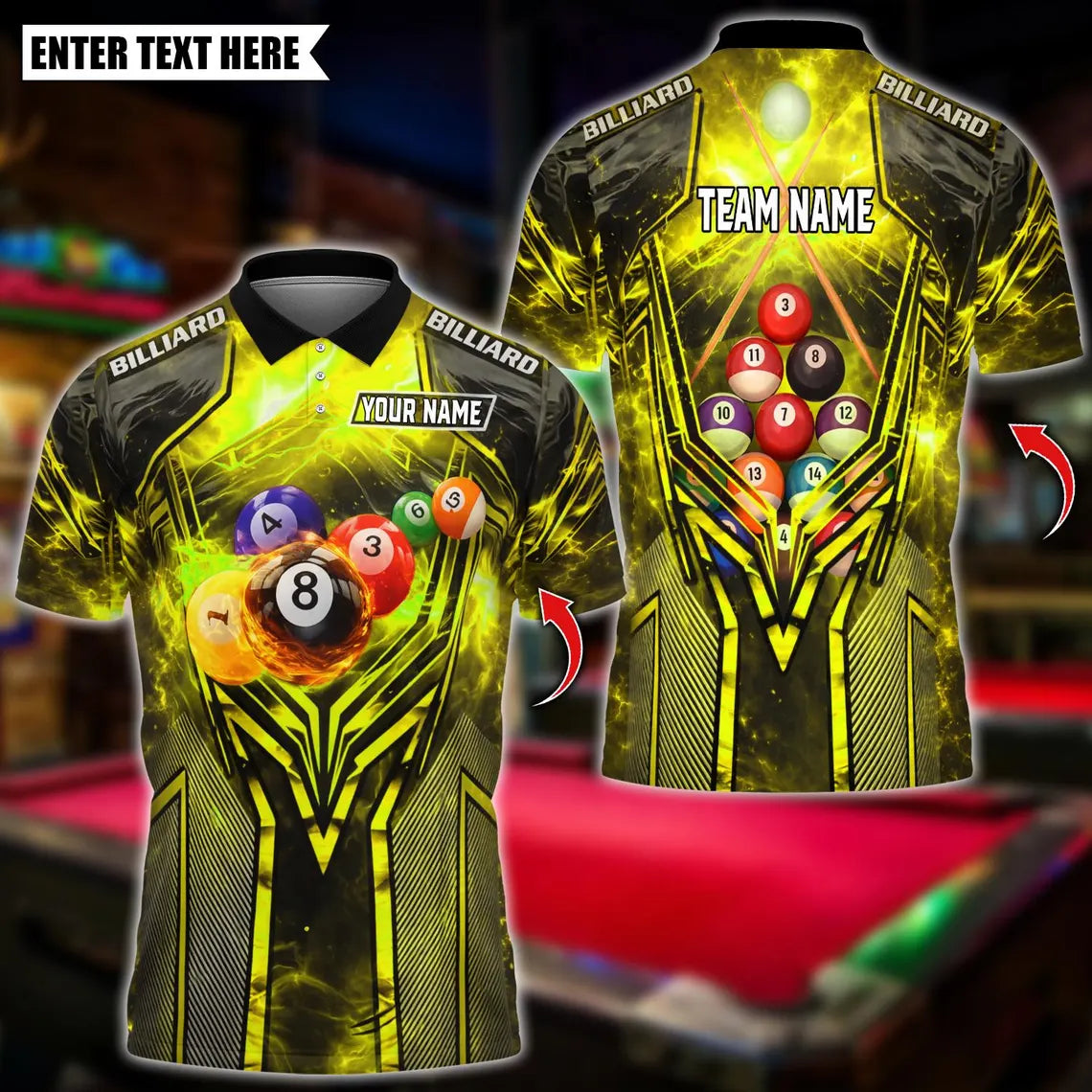 BlueJose Billiards Flame Thunder 8 Ball Pool Lightning Billiard Design Personalized Name Shirt (4 Colors)