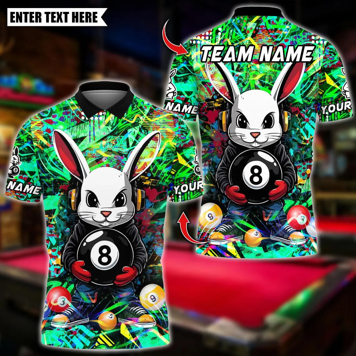 BlueJose Billiards Cool Bunny With 8 Ball Pool Design Personalized Name Shirt (4 Colors)