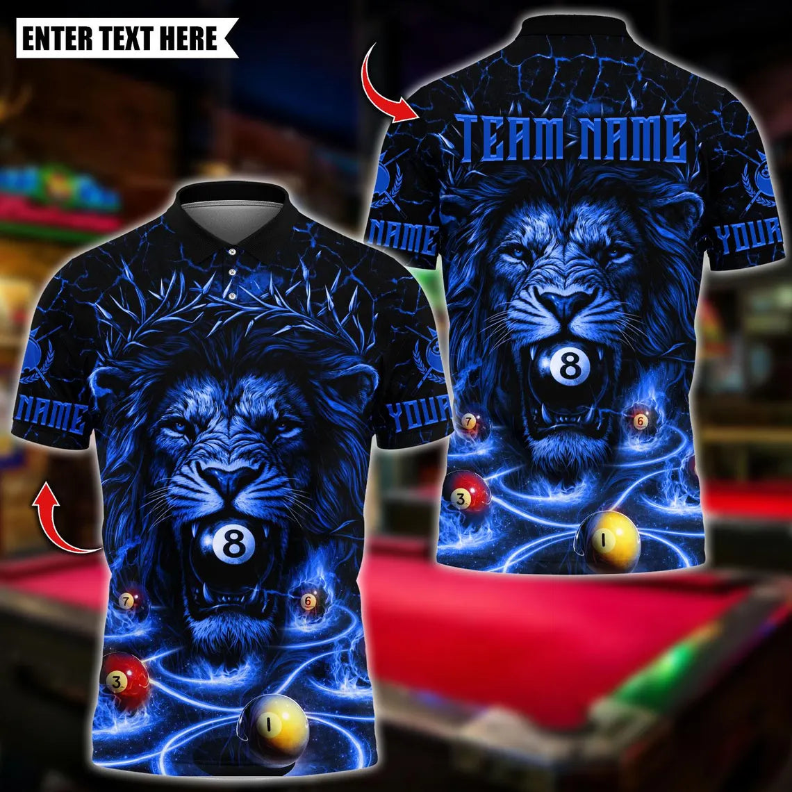 BlueJose Billiards Lion Face 8 Billiards Design Personalized Name Shirt (4 Colors)