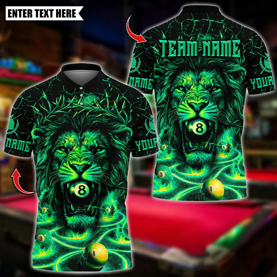 BlueJose Billiards Lion Face 8 Billiards Design Personalized Name Shirt (4 Colors)