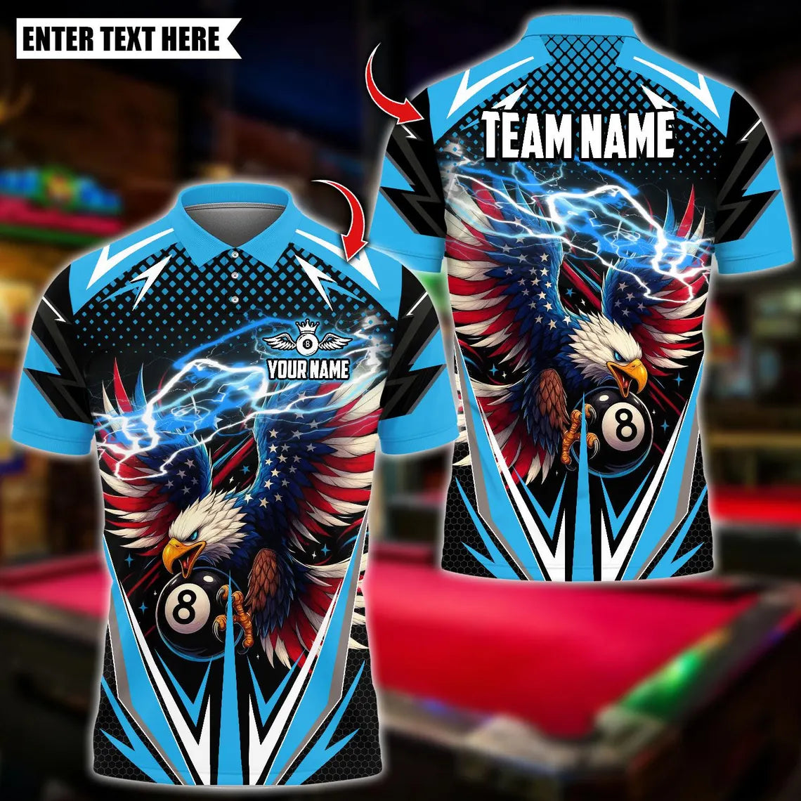 BlueJose Billiards Ball 8 Lightning Eagle USA Flag Personalized Name Shirt (4 Colors)
