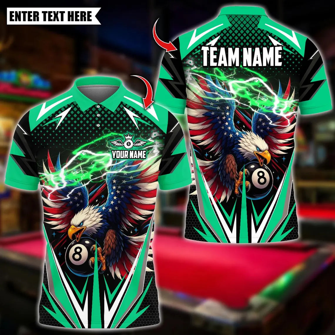 BlueJose Billiards Ball 8 Lightning Eagle USA Flag Personalized Name Shirt (4 Colors)