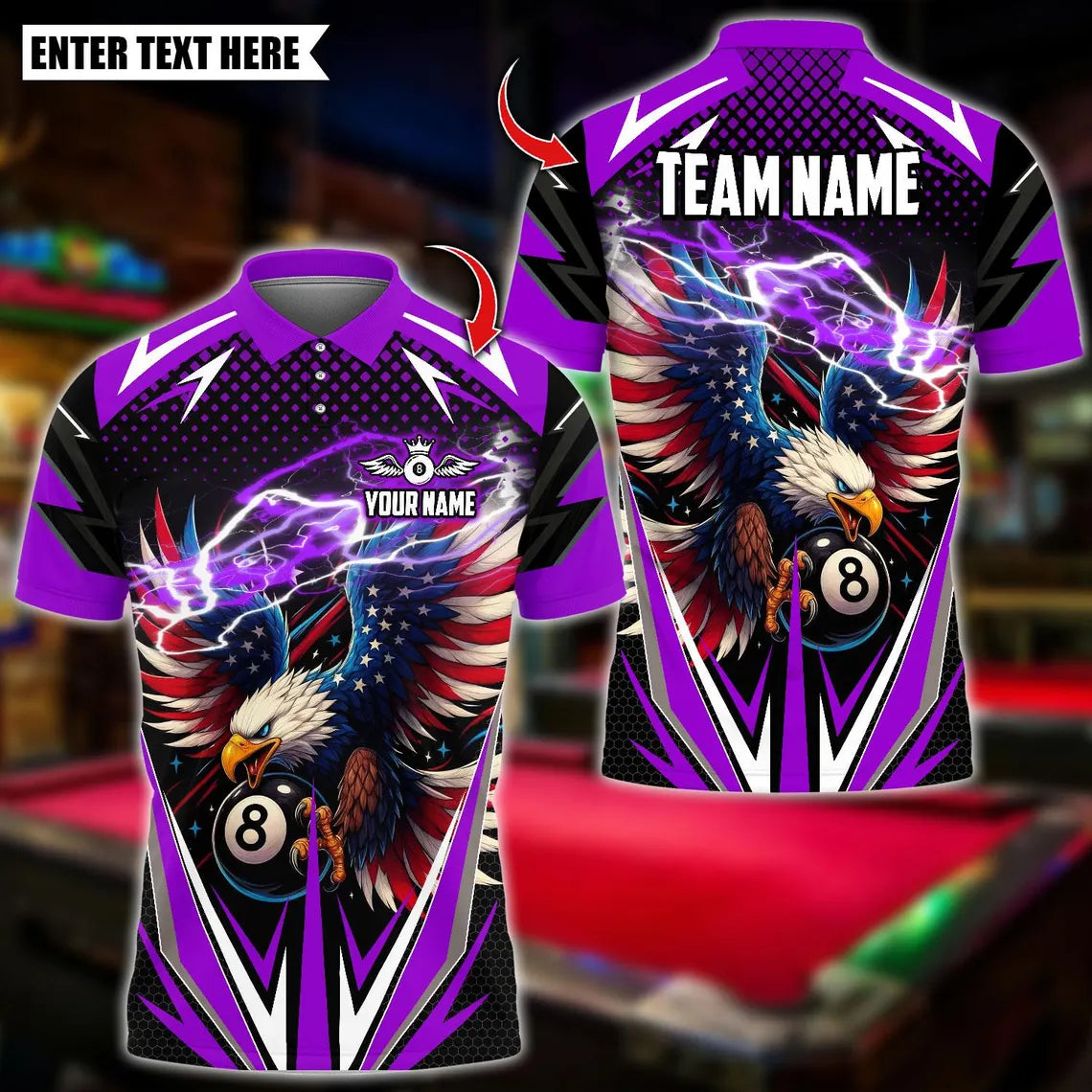 BlueJose Billiards Ball 8 Lightning Eagle USA Flag Personalized Name Shirt (4 Colors)