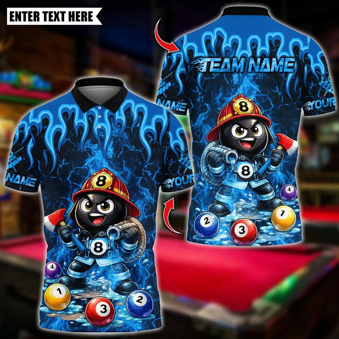 BlueJose Billiards Ball 8 Firefighter Flame Design Personalized Name Shirt (4 Colors)