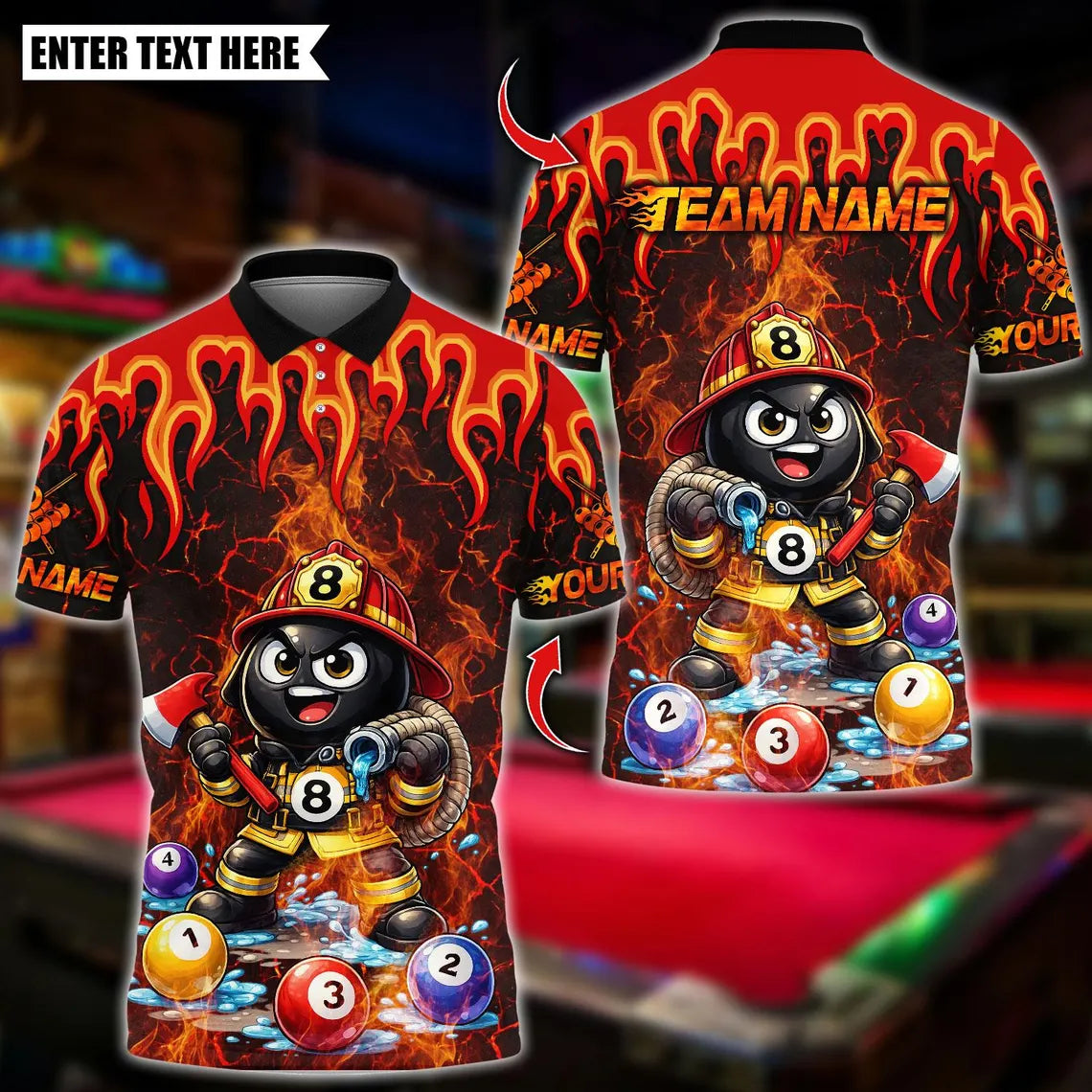 BlueJose Billiards Ball 8 Firefighter Flame Design Personalized Name Shirt (4 Colors)