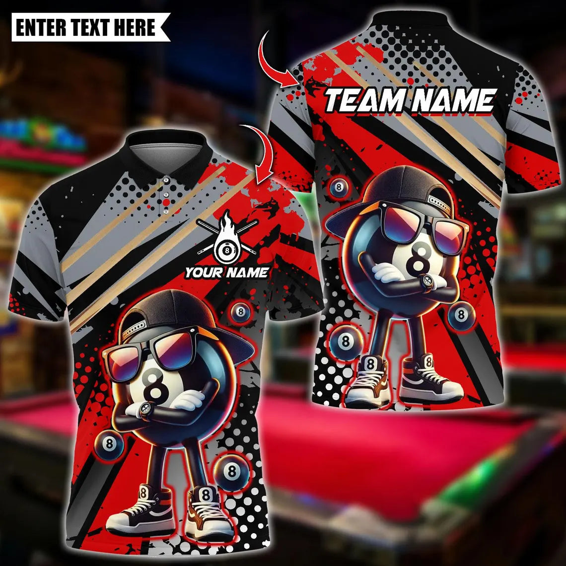 BlueJose Billiards Cool 8 Ball Catoon Design Personalized Name Shirt (4 Colors)