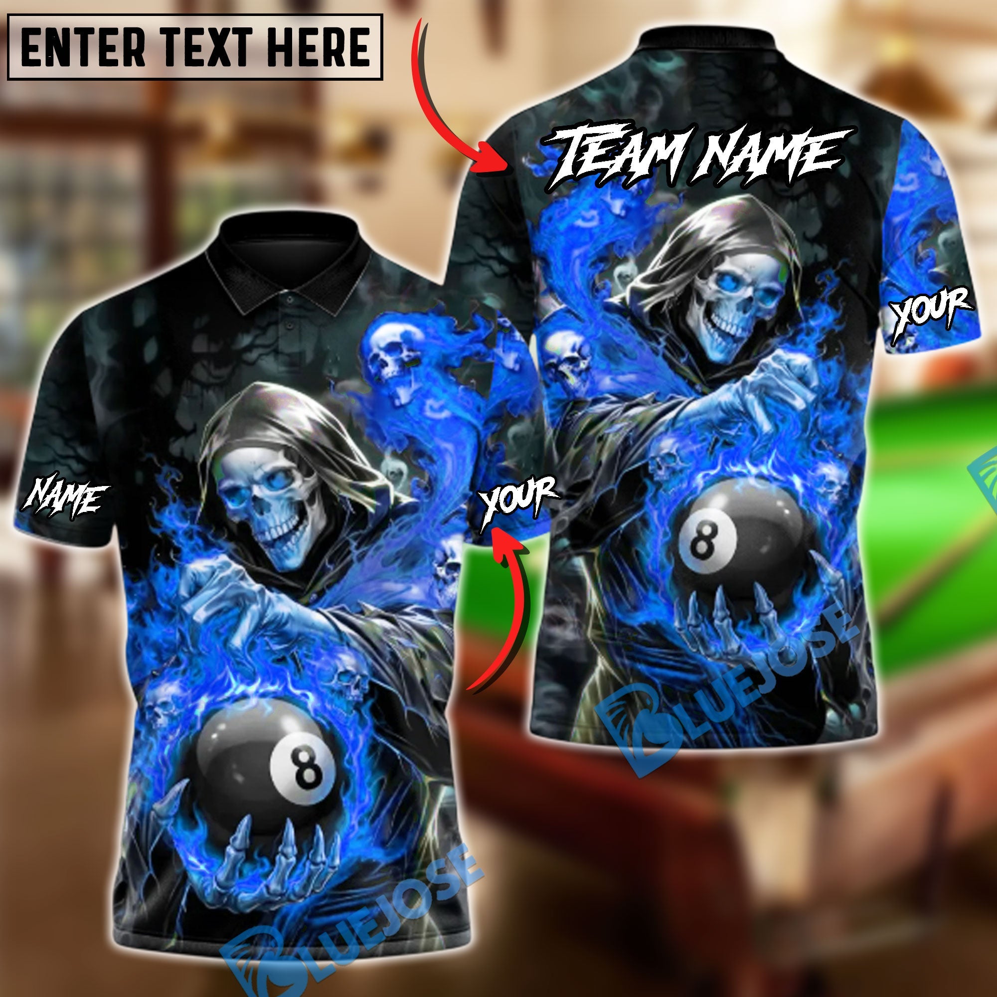 BlueJose Billiards Ball 8 Grim Reaper Skull Personalized Name Shirt (4 Colors)