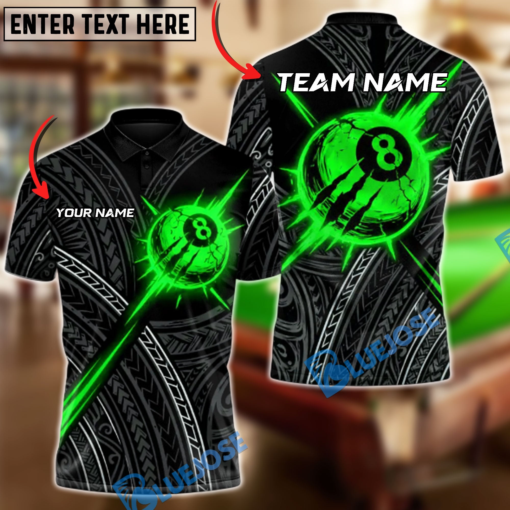 BlueJose Billiards 8-Ball Bloodcore Maori Customized Name, Team Name 3D Shirt (4 Colors)