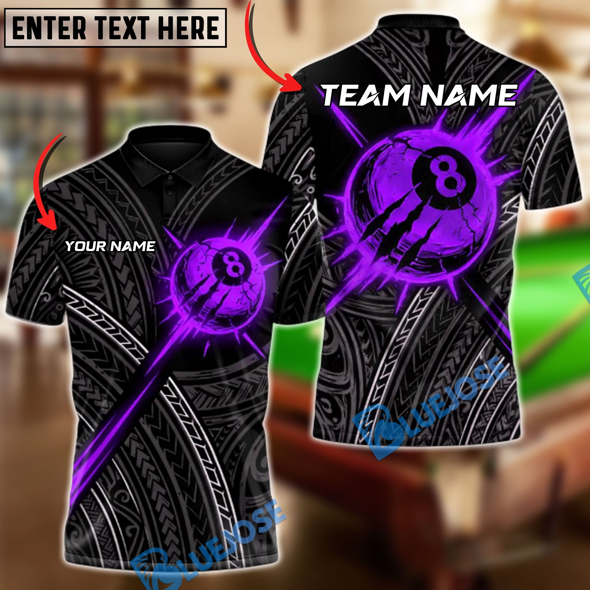 BlueJose Billiards 8-Ball Bloodcore Maori Customized Name, Team Name 3D Shirt (4 Colors)