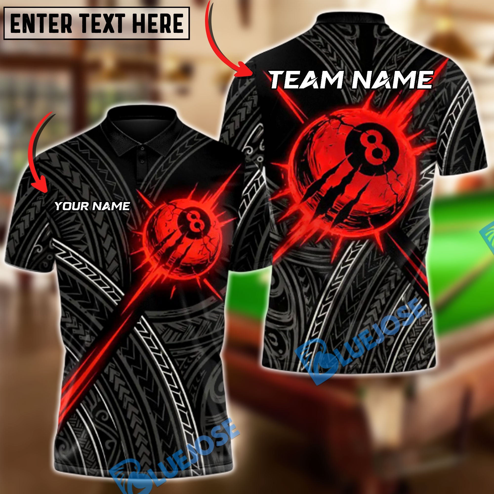 BlueJose Billiards 8-Ball Bloodcore Maori Customized Name, Team Name 3D Shirt (4 Colors)