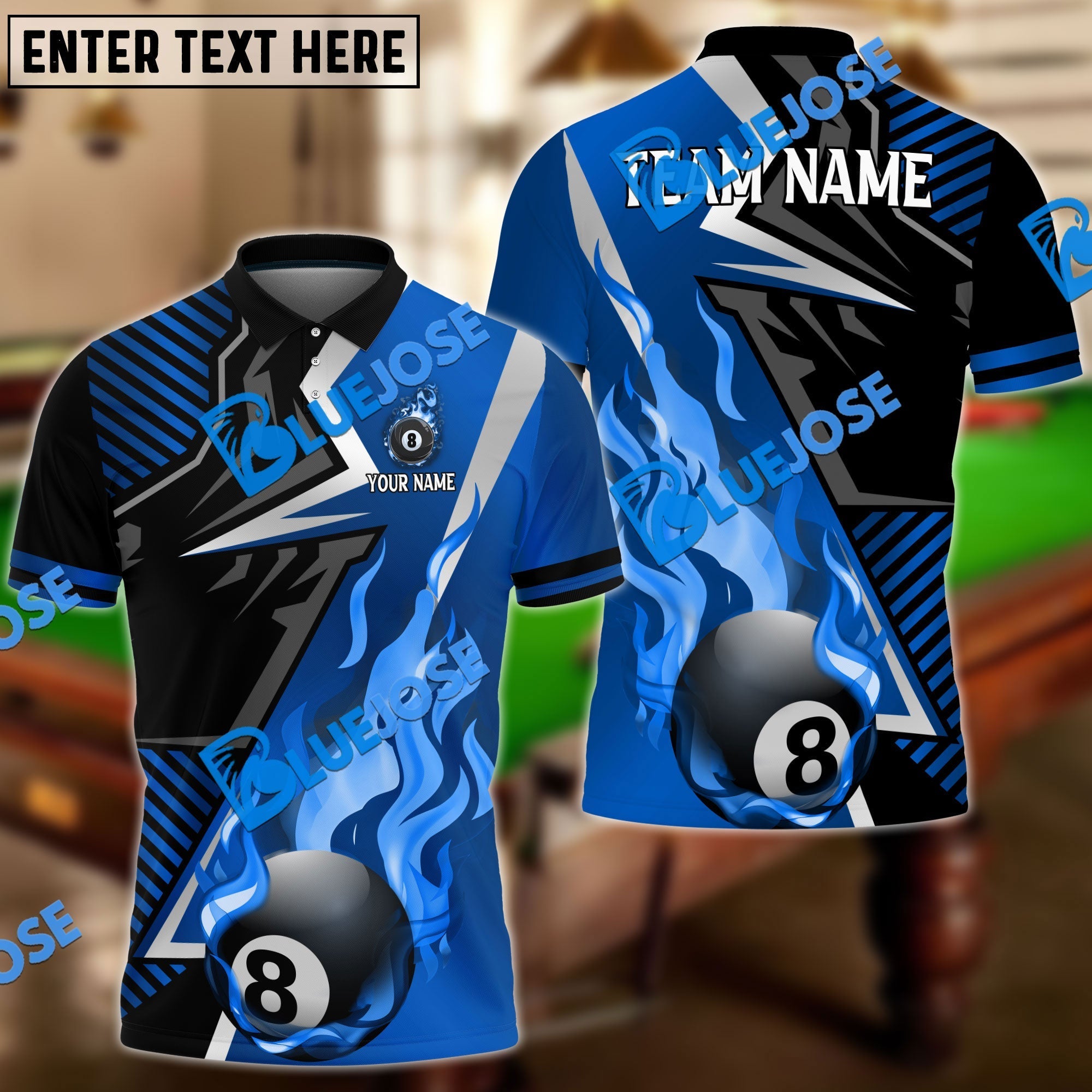BlueJose Billiards Ball 8 Blazing Strike Personalized Name, Team Name Unisex Shirt (6 Colors)