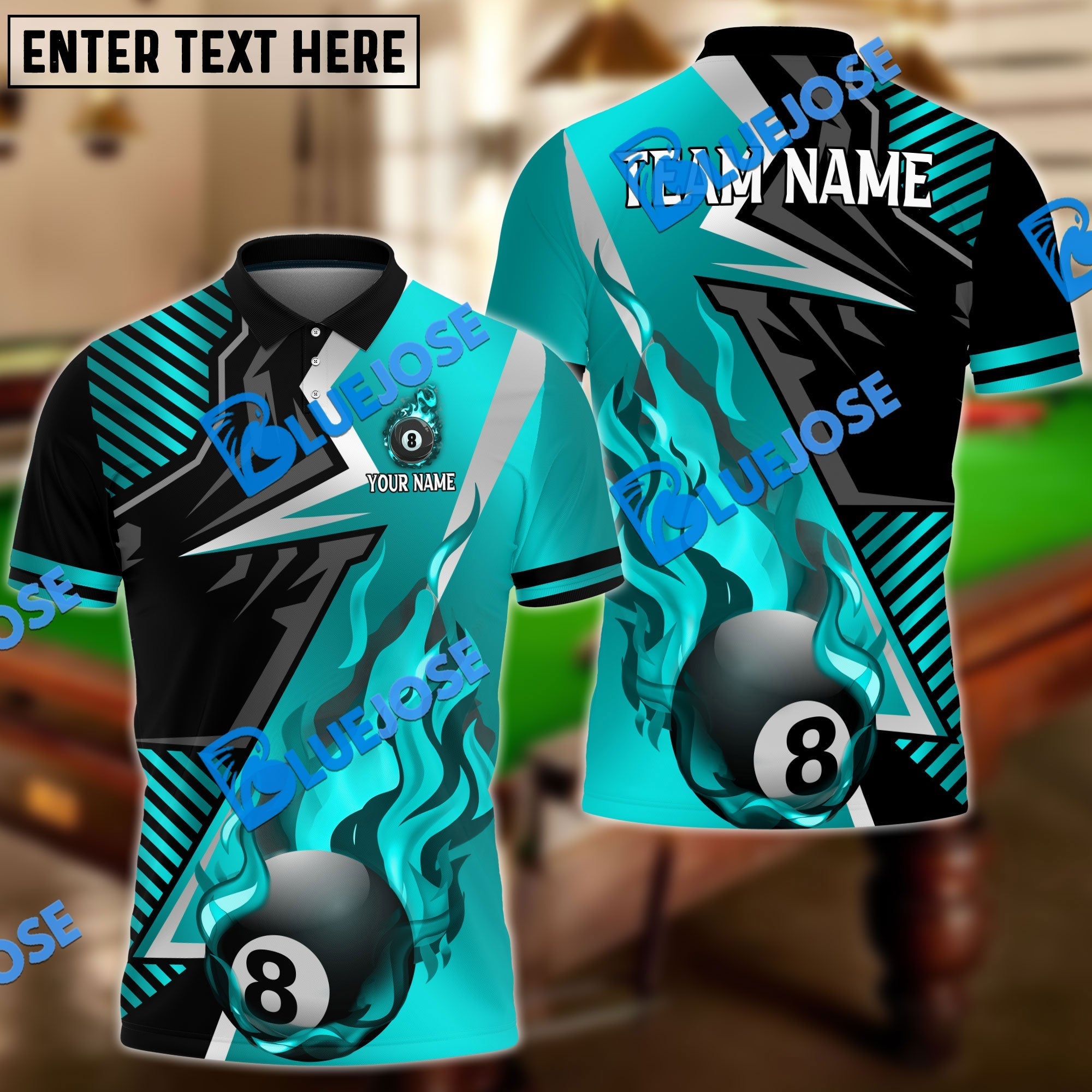 BlueJose Billiards Ball 8 Blazing Strike Personalized Name, Team Name Unisex Shirt (6 Colors)