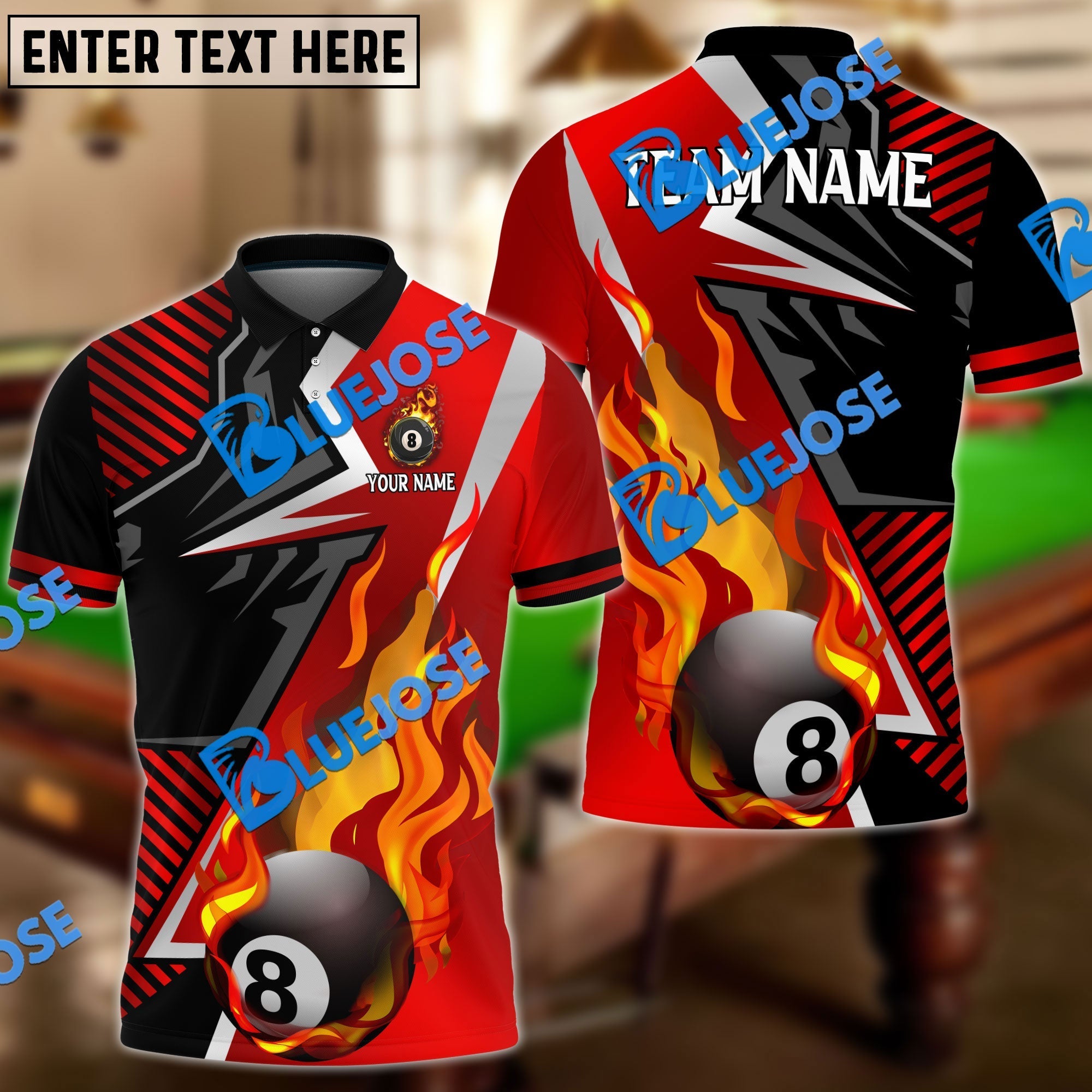 BlueJose Billiards Ball 8 Blazing Strike Personalized Name, Team Name Unisex Shirt (6 Colors)