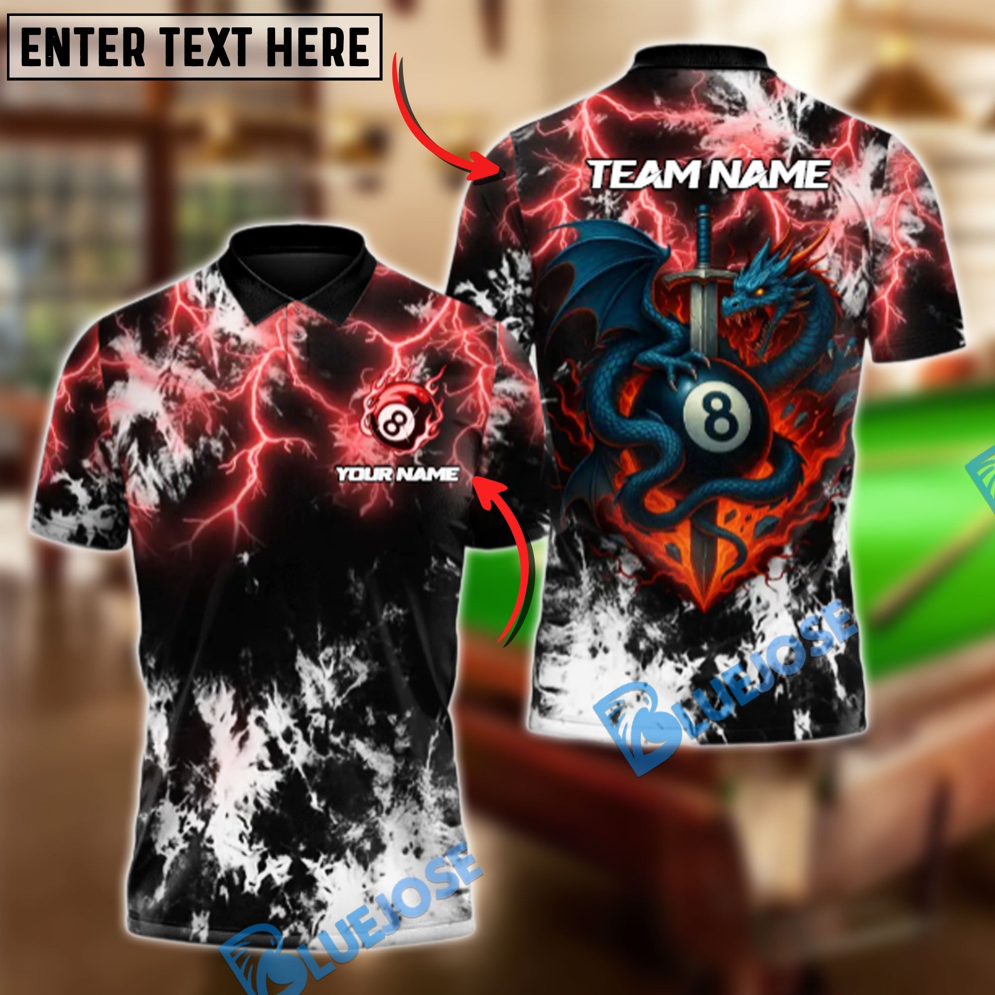 BlueJose Billiards 8-Ball Thunder Sword Dragon Personalized Name Shirt (4 Colors)