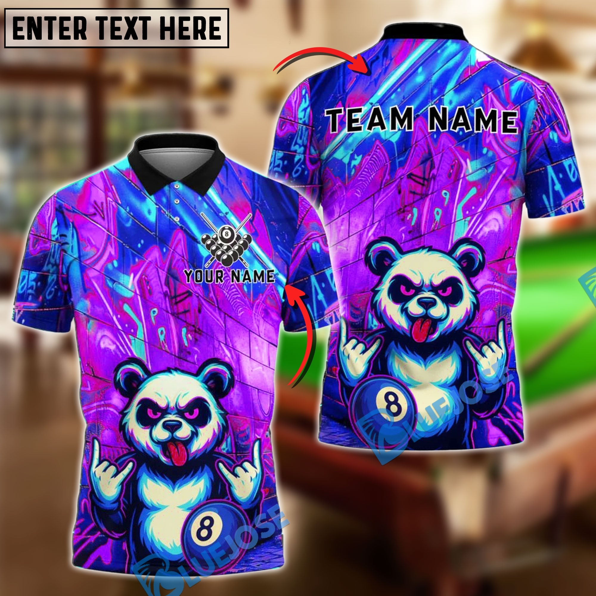 BlueJose Billiards Neon Graffiti Panda with 8 Ball Design Personalized Name Shirt (4 Colors)