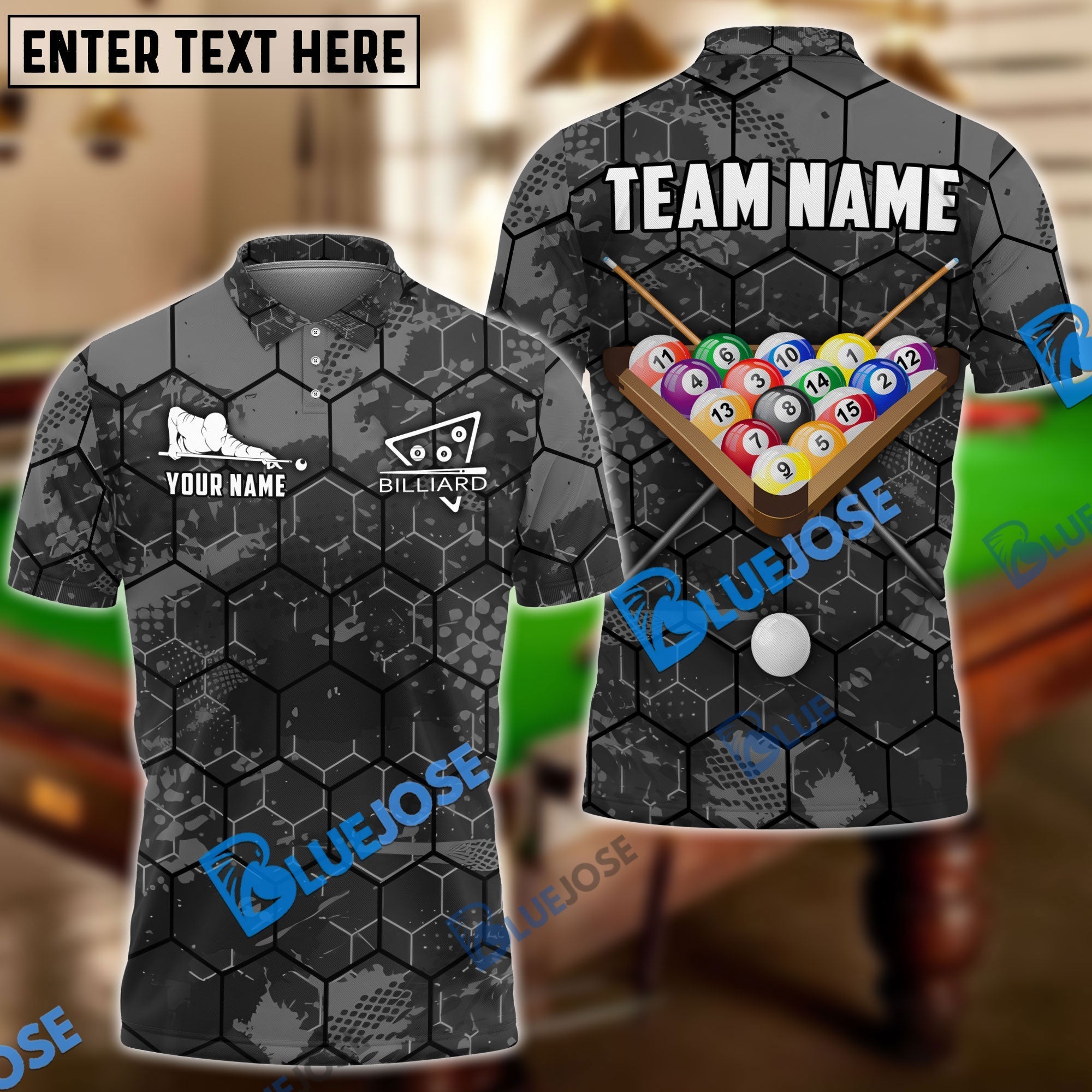 BlueJose Billiards Ball 8 Grunge Hexagon Personalized Name Shirt (6 Colors)