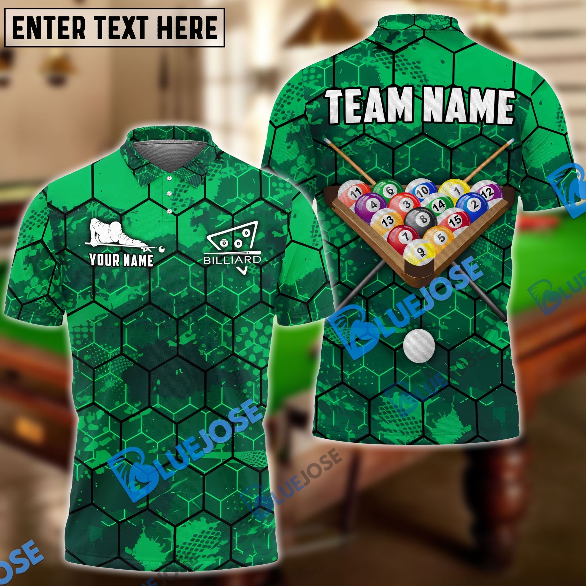 BlueJose Billiards Ball 8 Grunge Hexagon Personalized Name Shirt (6 Colors)