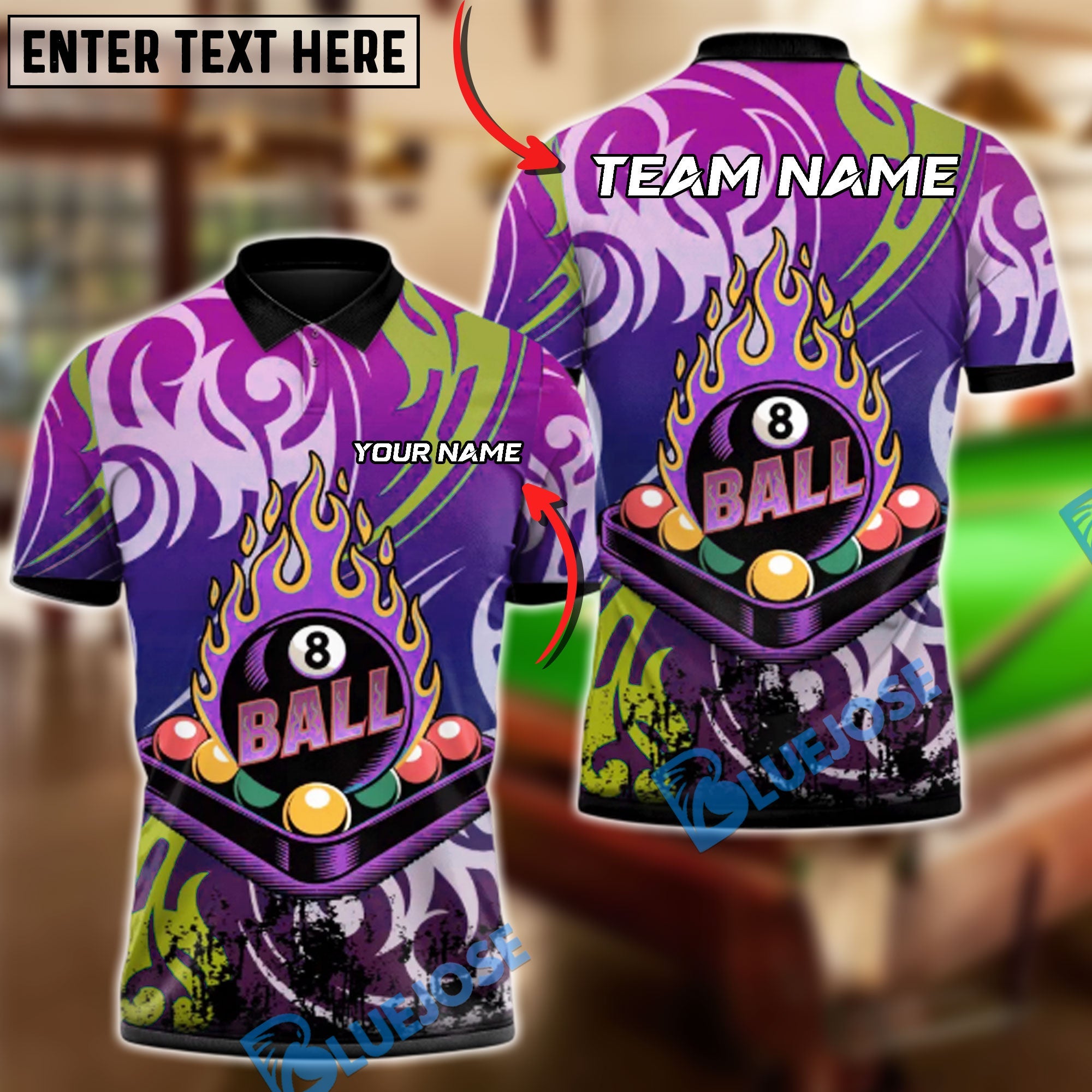 BlueJose Billiards 8-Ball Firestorm Crusher Customized Name, Team Name 3D Shirt (4 Colors)