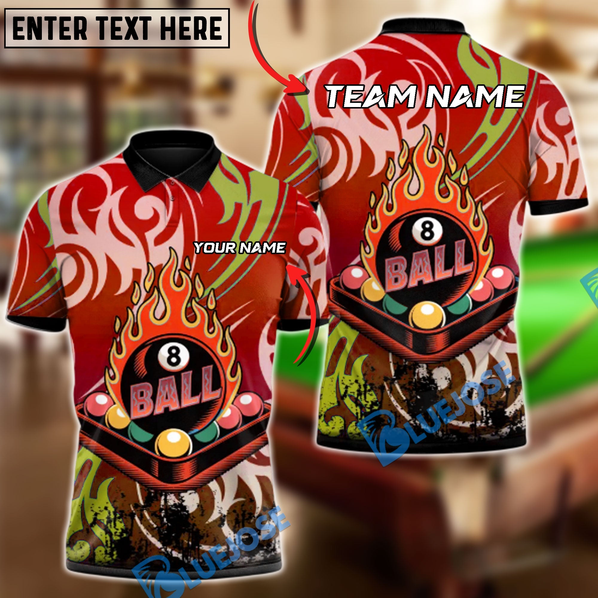 BlueJose Billiards 8-Ball Firestorm Crusher Customized Name, Team Name 3D Shirt (4 Colors)