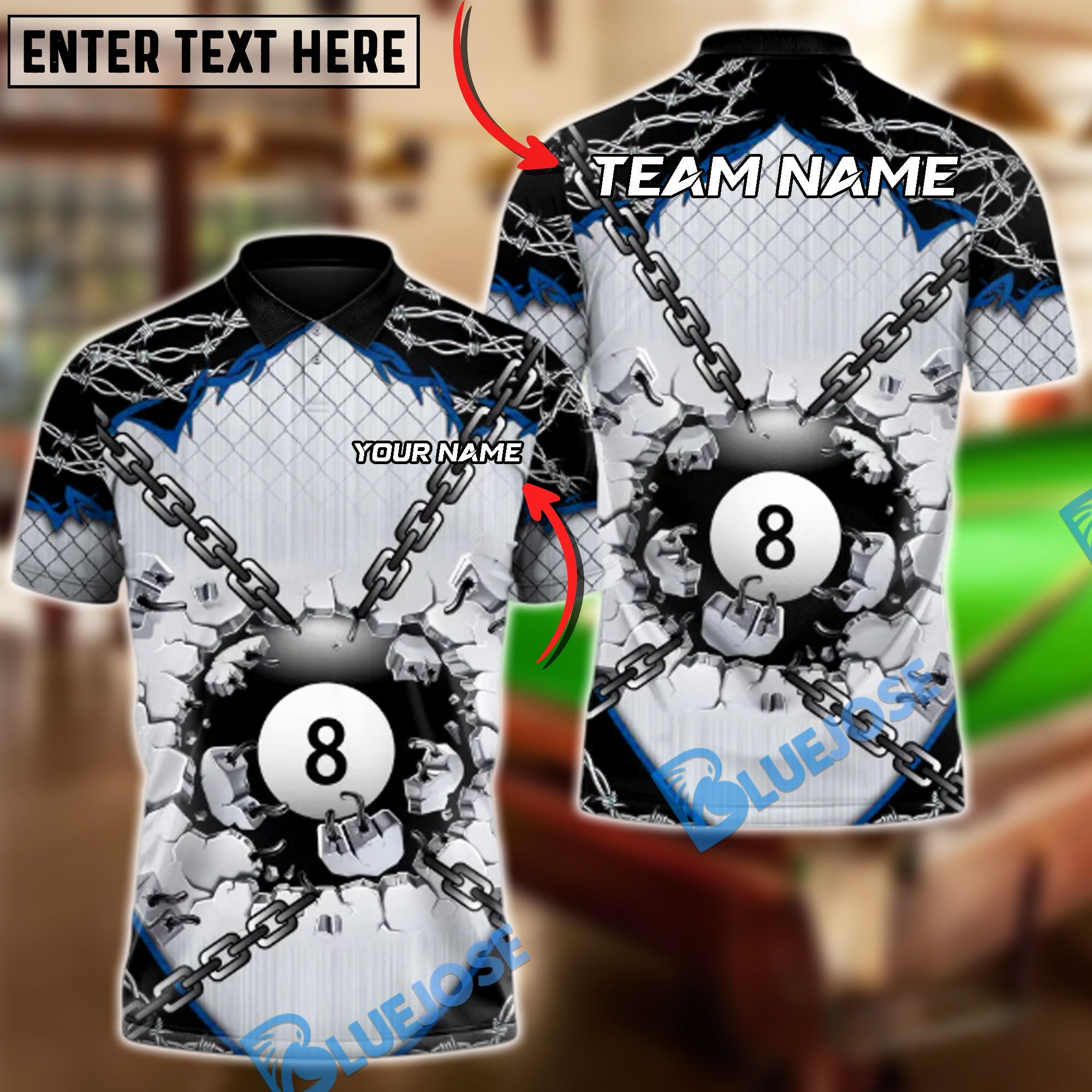 BlueJose Billiards Chain Breaker 8-Ball Customized Name, Team Name 3D Shirt (4 Colors)