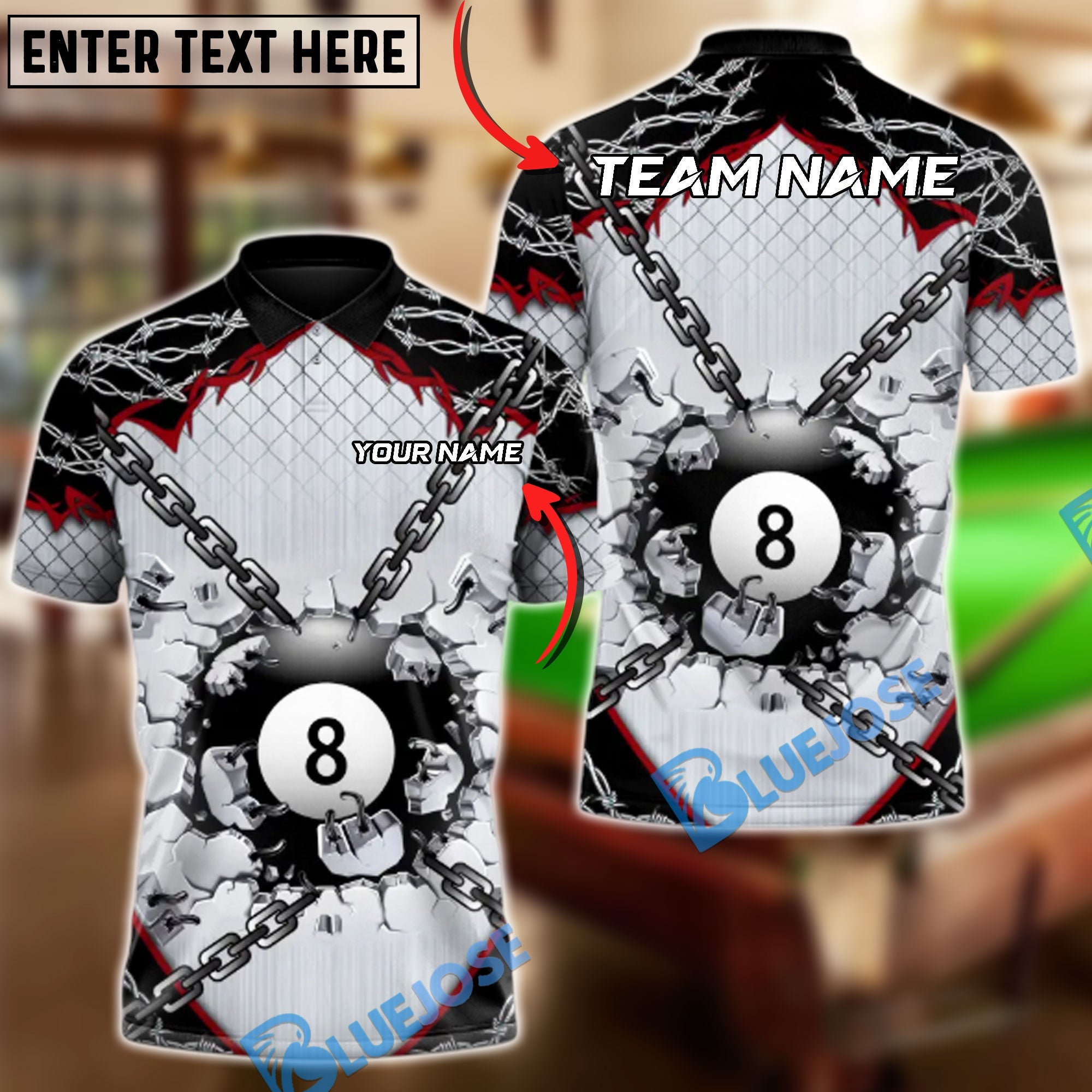 BlueJose Billiards Chain Breaker 8-Ball Customized Name, Team Name 3D Shirt (4 Colors)