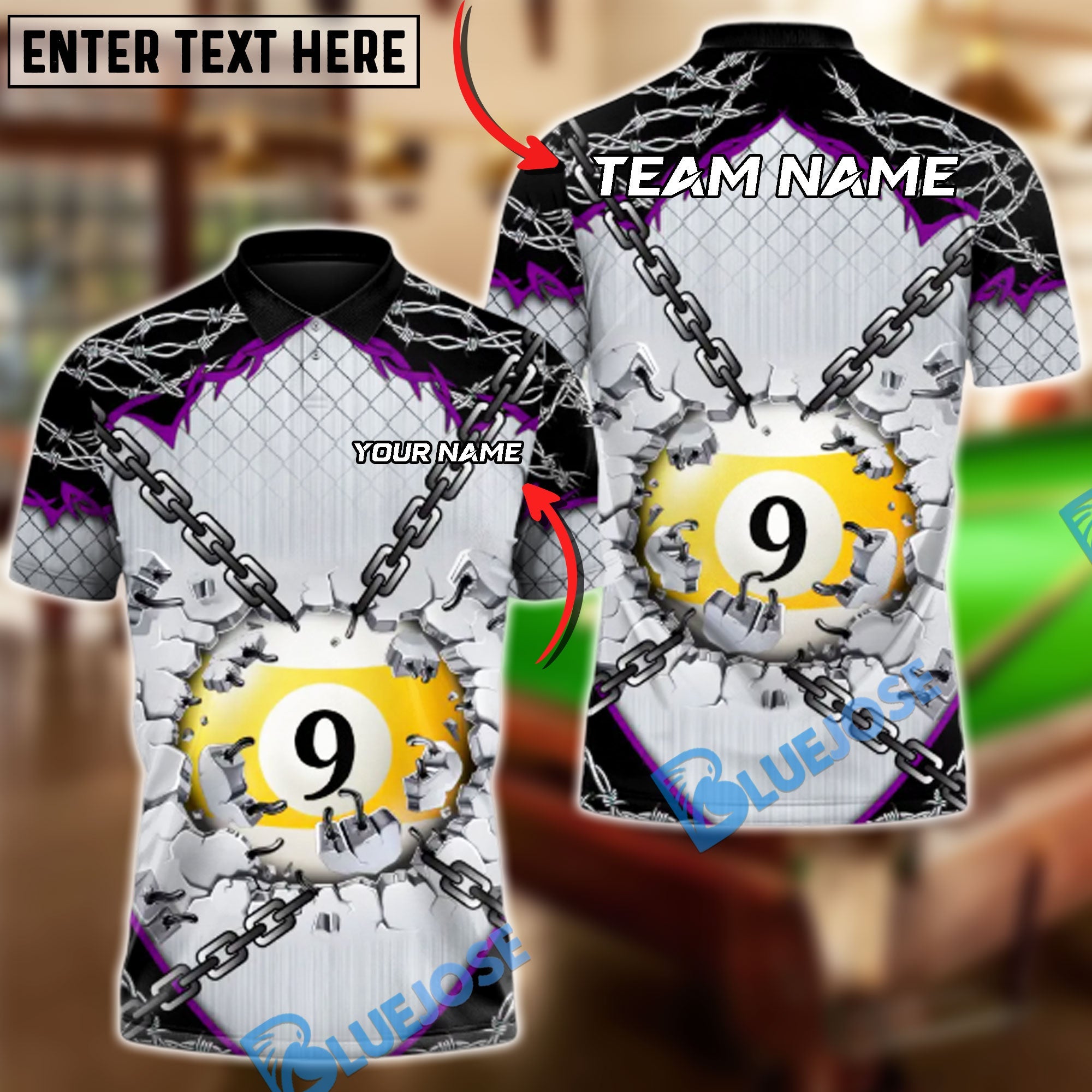 BlueJose Billiards Chain Breaker 9-Ball Customized Name, Team Name 3D Shirt (4 Colors)
