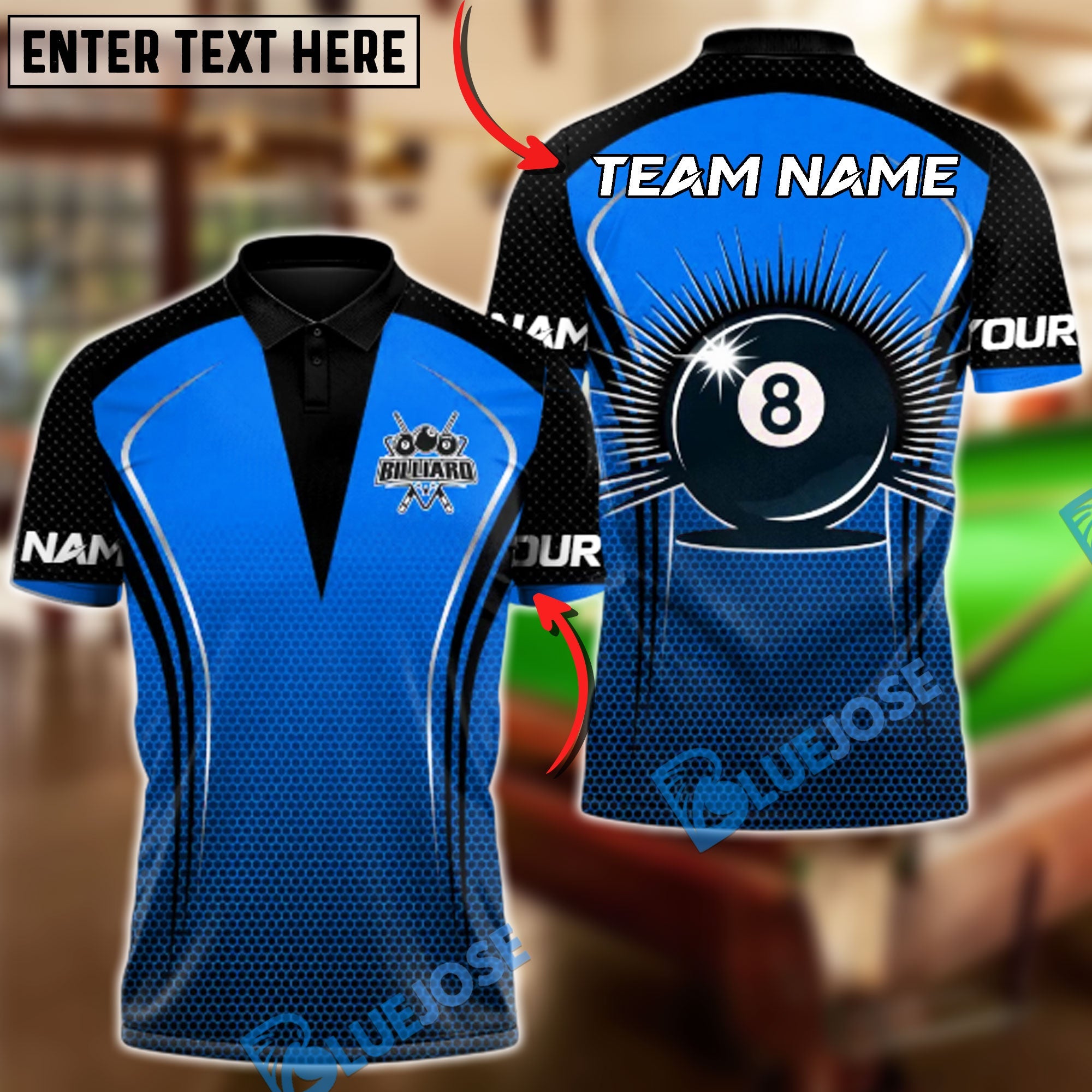 BlueJose Billiards Pro Eight Ball Warrior Customized Name, Team Name 3D Shirt (4 Colors)