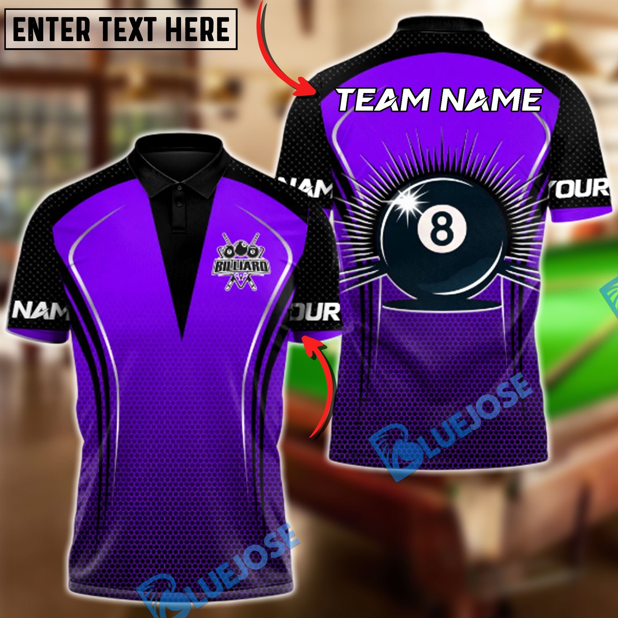 BlueJose Billiards Pro Eight Ball Warrior Customized Name, Team Name 3D Shirt (4 Colors)