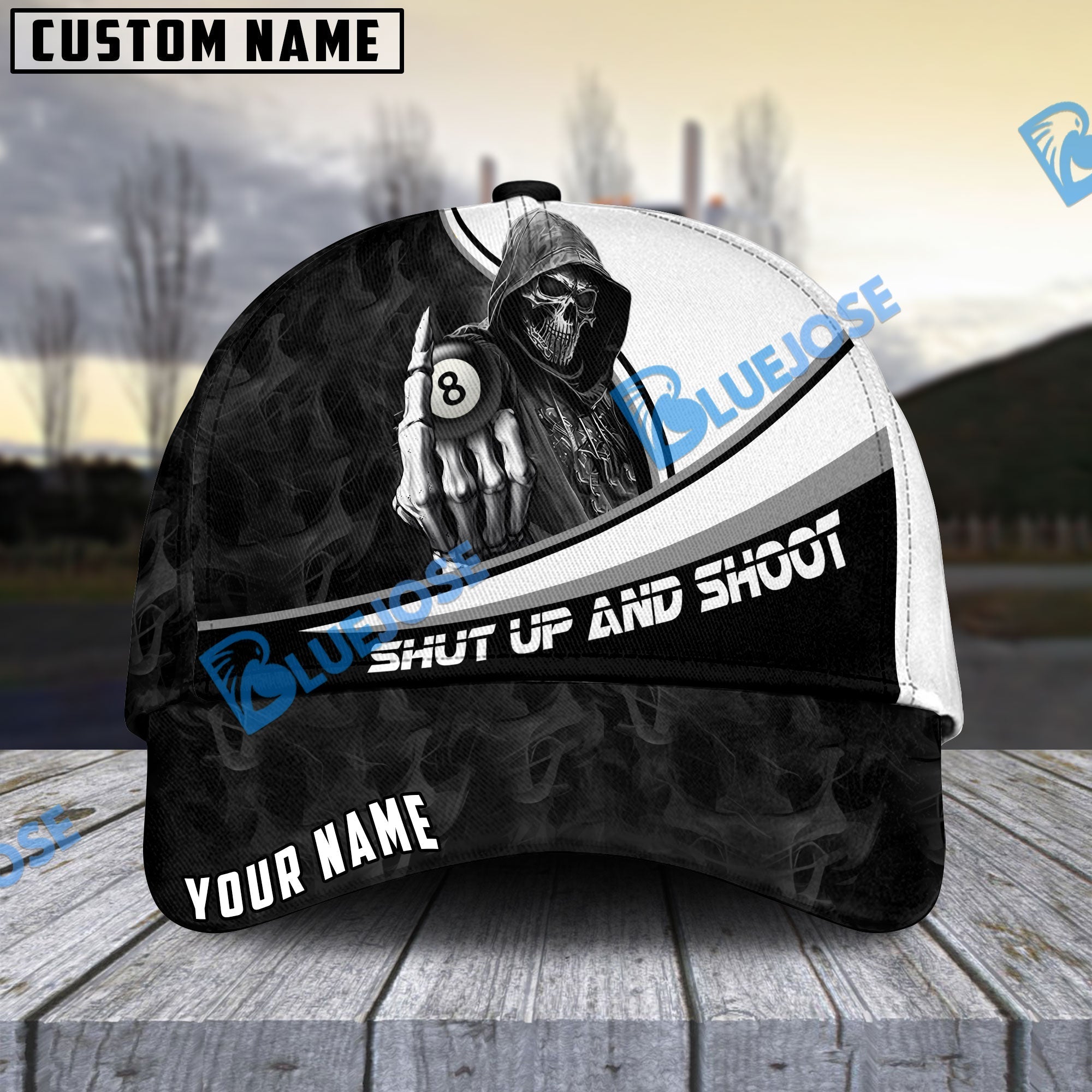 BlueJose Billiards Ball 8 Hooded Skull Personalized Name Cap (4 Colors)