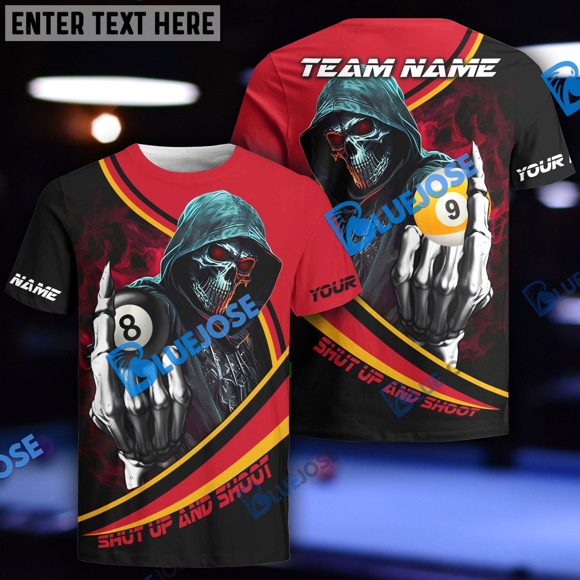 BlueJose Billiards Ball 8 And 9 Hooded Skull Personalized Name, Team Name Unisex Shirt (4 Colors)