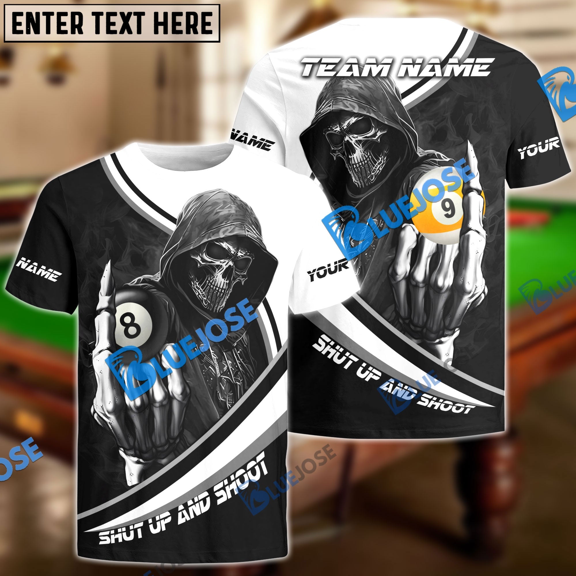BlueJose Billiards Ball 8 And 9 Hooded Skull Personalized Name, Team Name Unisex Shirt (4 Colors)