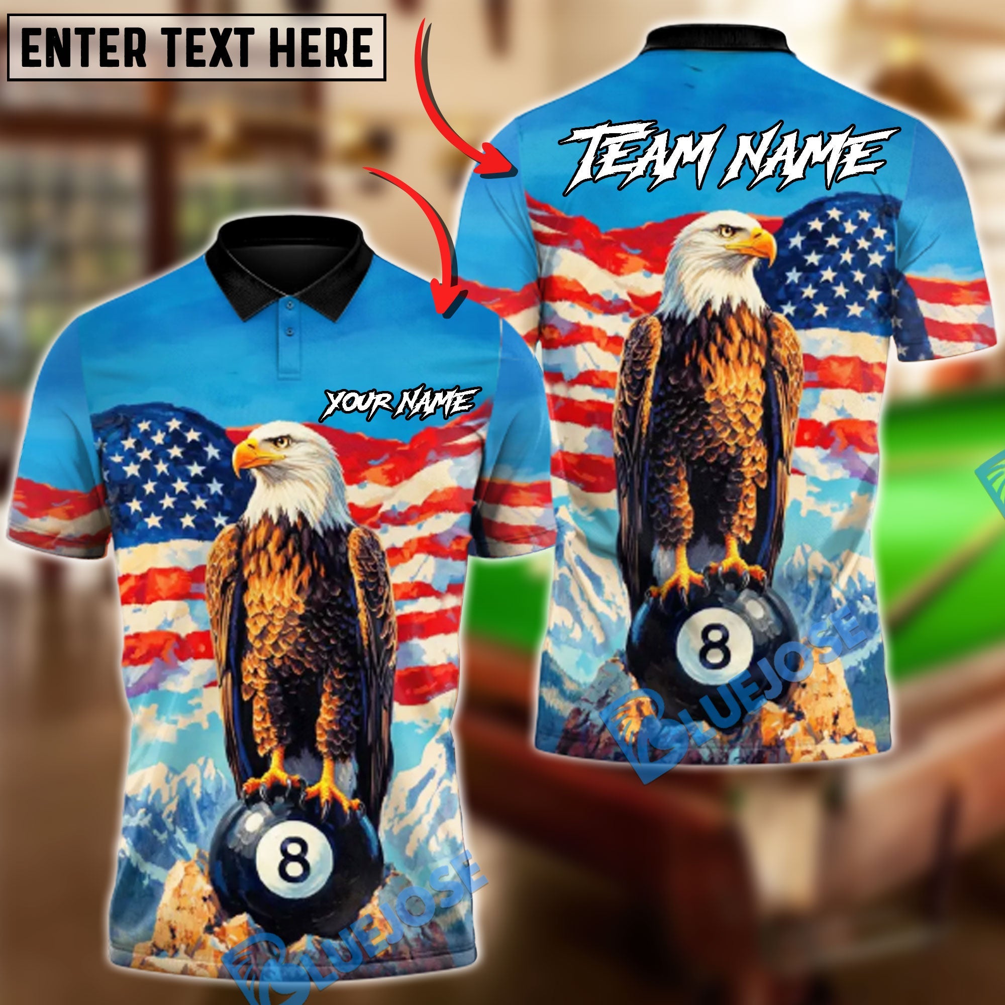BlueJose Billiards 8 Ball Eagle Liberty Strike Personalized Name Shirt (4 Colors)