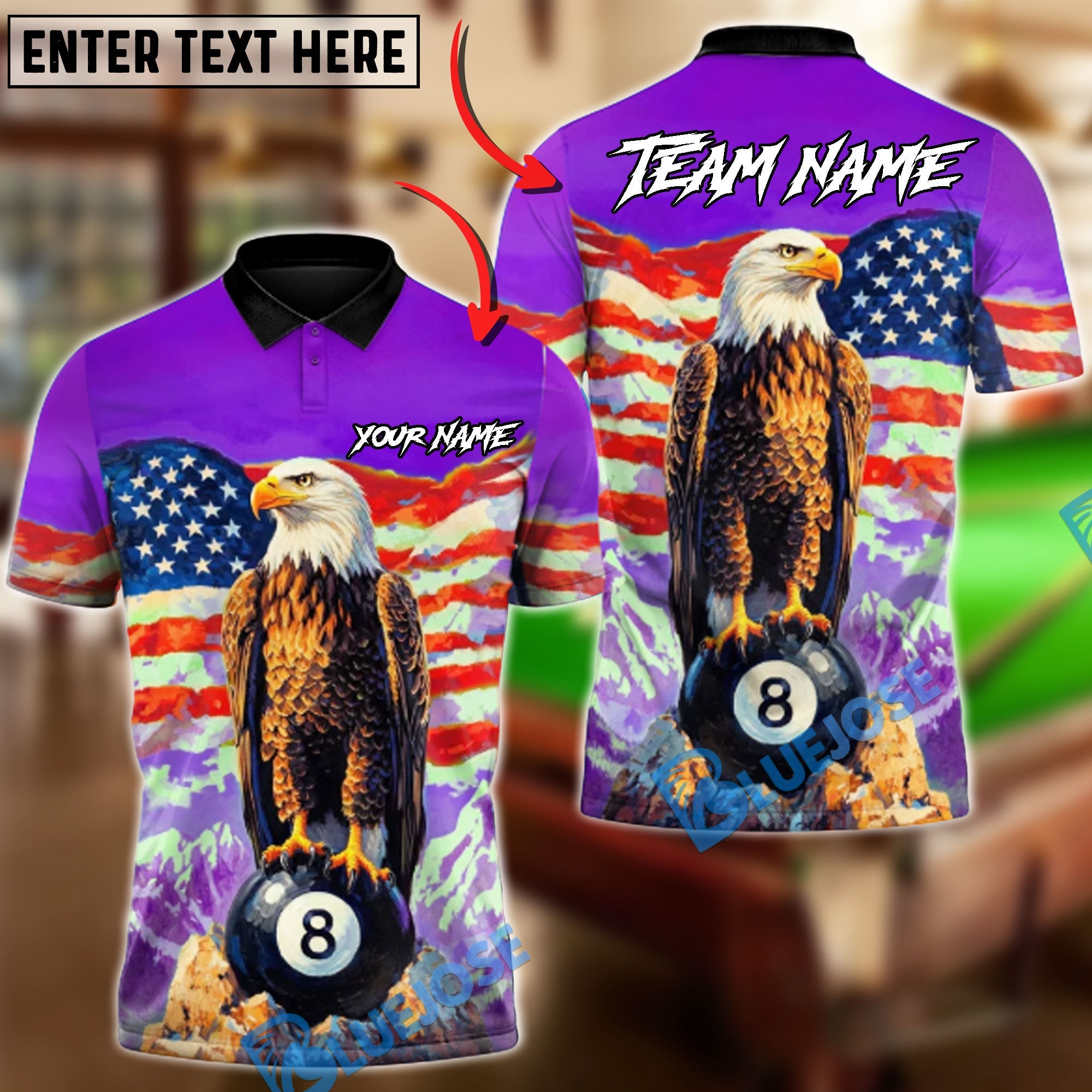 BlueJose Billiards 8 Ball Eagle Liberty Strike Personalized Name Shirt (4 Colors)
