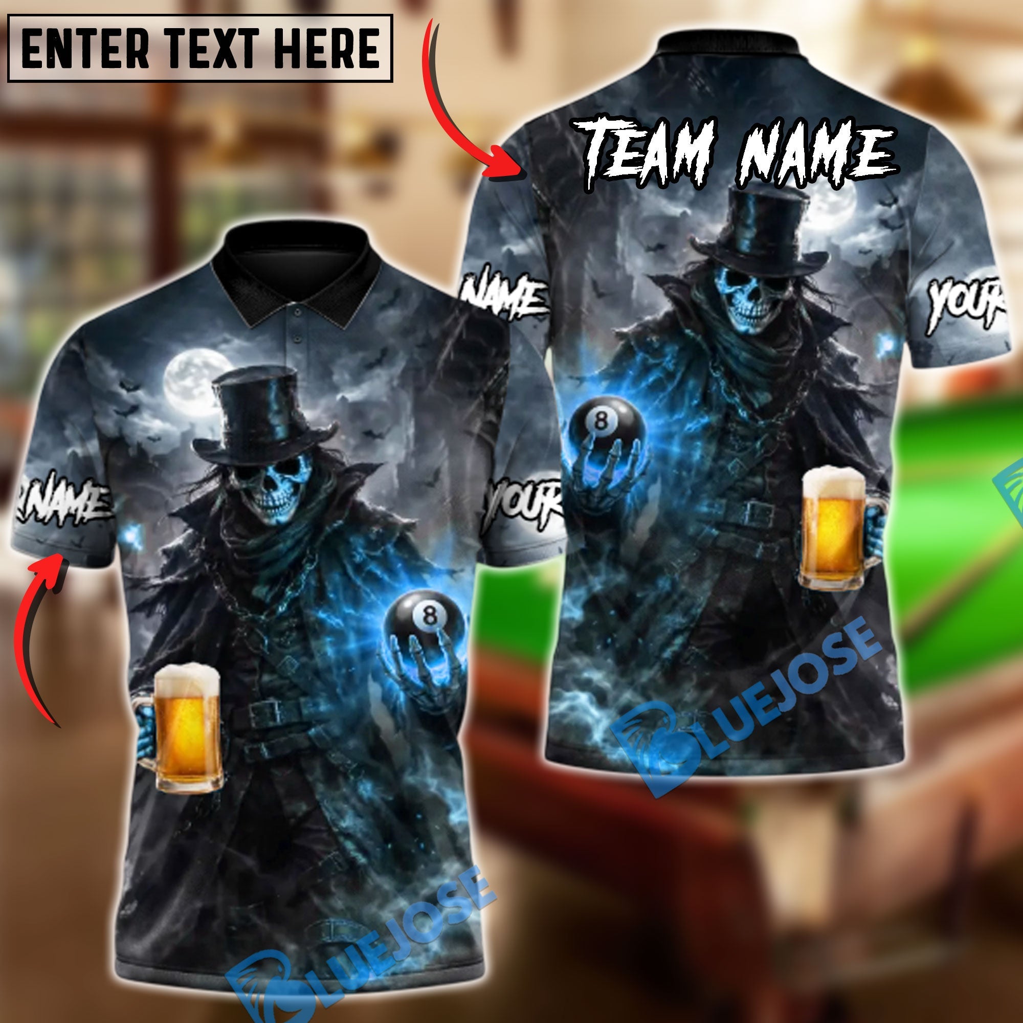 BlueJose Billiards 8 Ball Beer Dark Gentleman Skull Customized Name, Team Name 3D Shirt (6 Colors)
