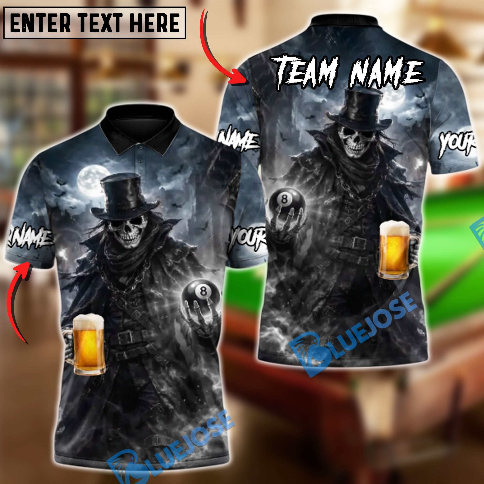 BlueJose Billiards 8 Ball Beer Dark Gentleman Skull Customized Name, Team Name 3D Shirt (6 Colors)