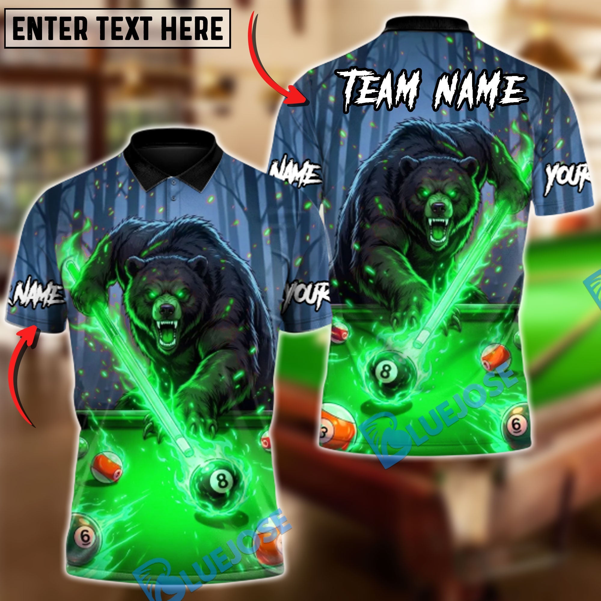 BlueJose Billiards Ball 8 Angry Bear Fire Personalized Name Shirt (4 Colors)