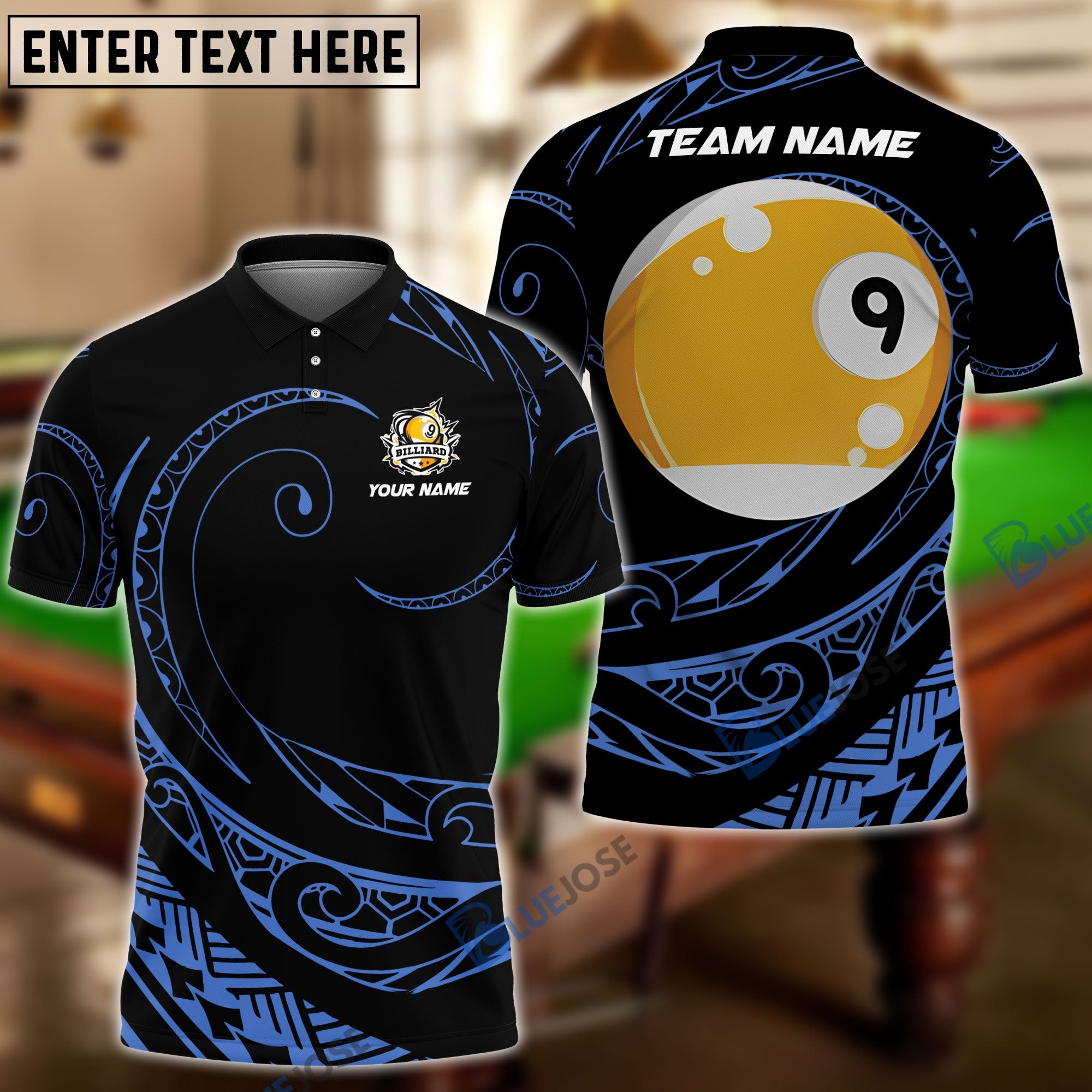 BlueJose Billiards Ball 9 Hawaii Polynesian Personalized Name, Team Name Shirt (4 Colors)