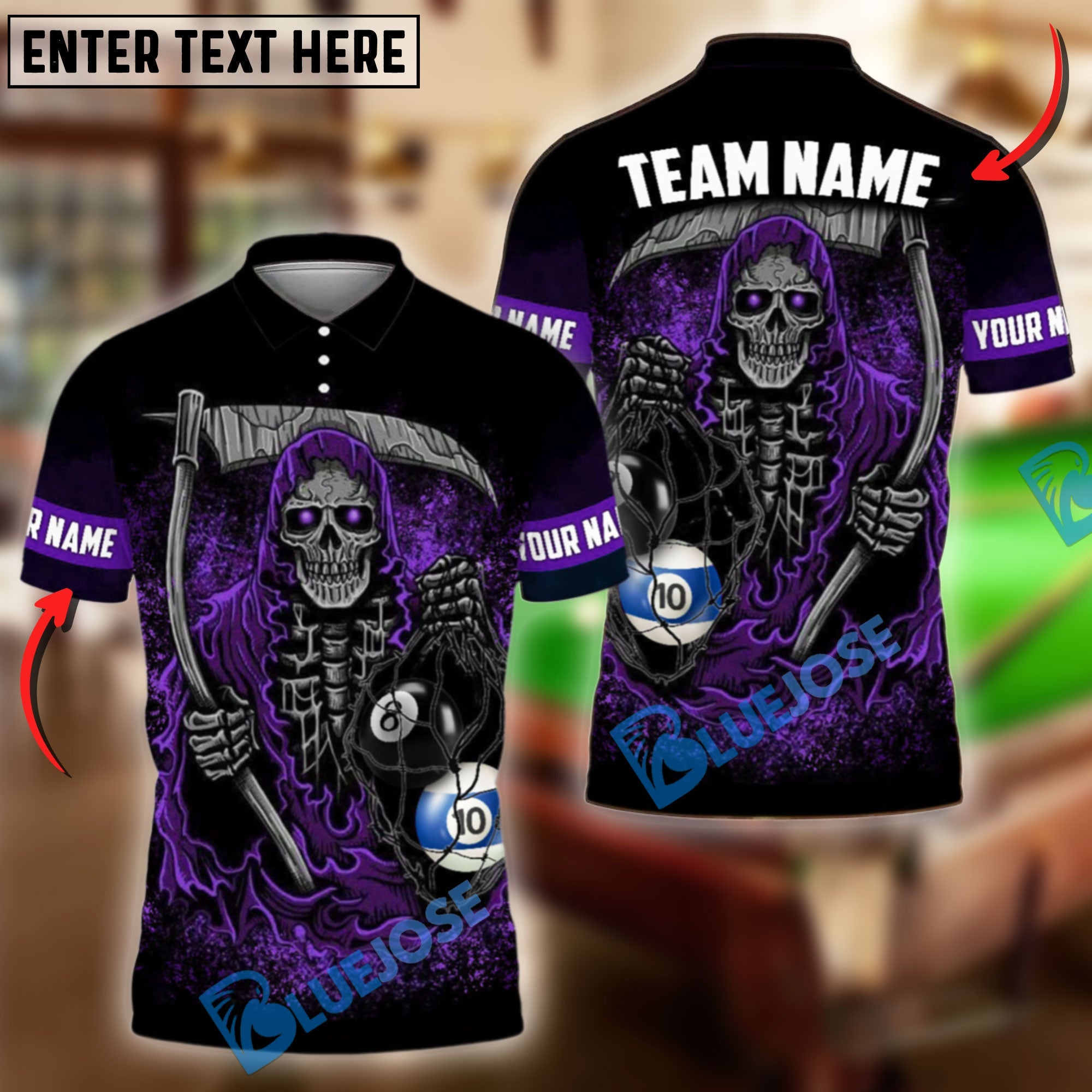 BlueJose Billiards Ball 8 & Ball 10 Reaper Personalized Name Shirt (4 Colors)