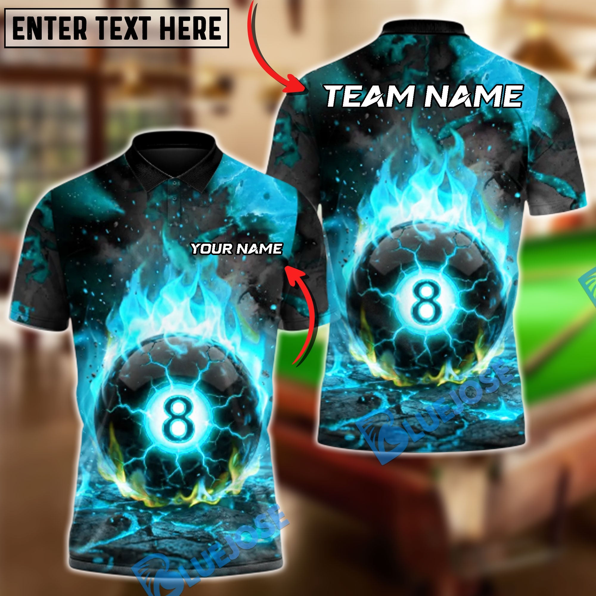 BlueJose Billiards Eight Ball Hellfire Customized Name, Team Name 3D Shirt (6 Colors)