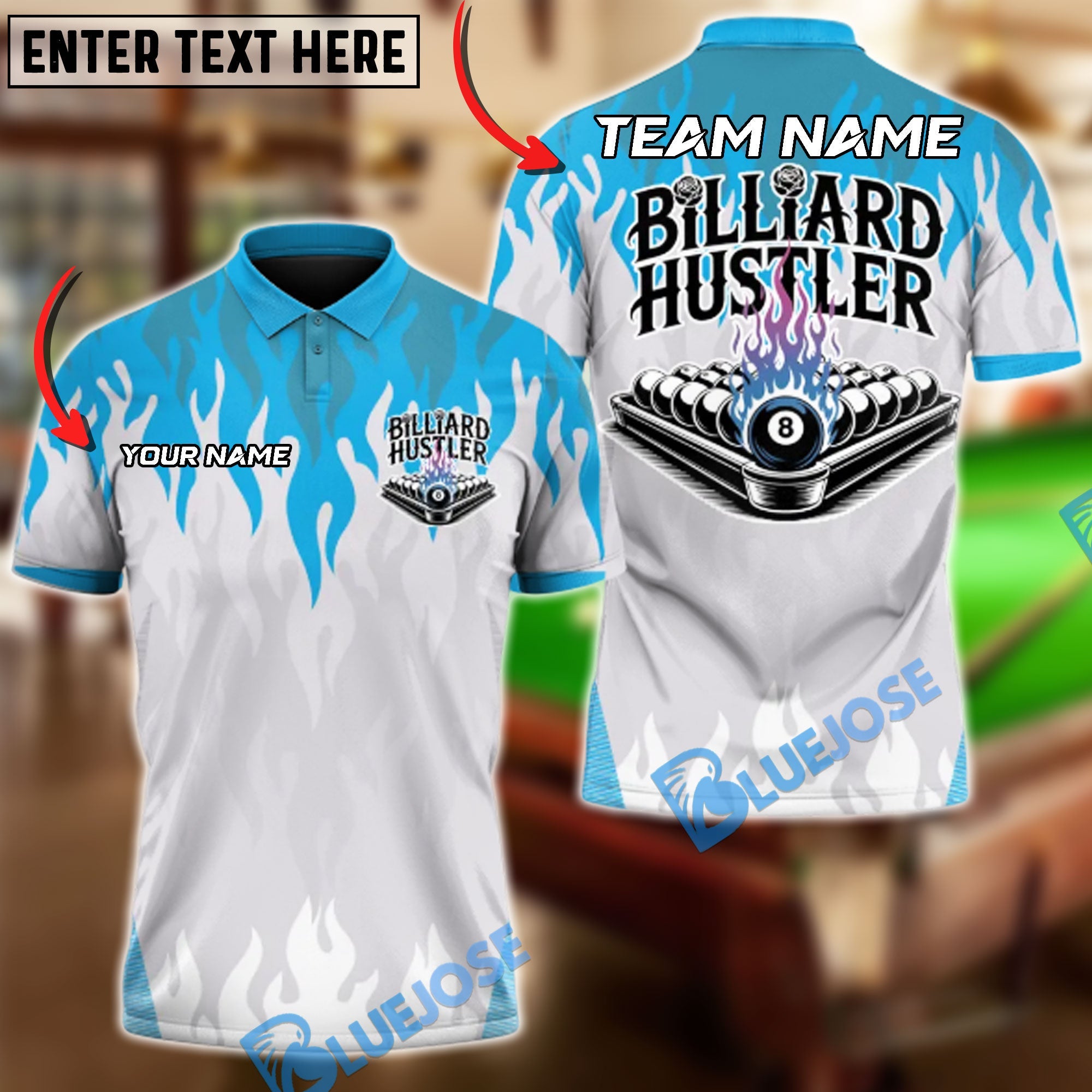 BlueJose Billiards Eight Ball Blue Heat Customized Name, Team Name 3D Shirt (4 Colors)