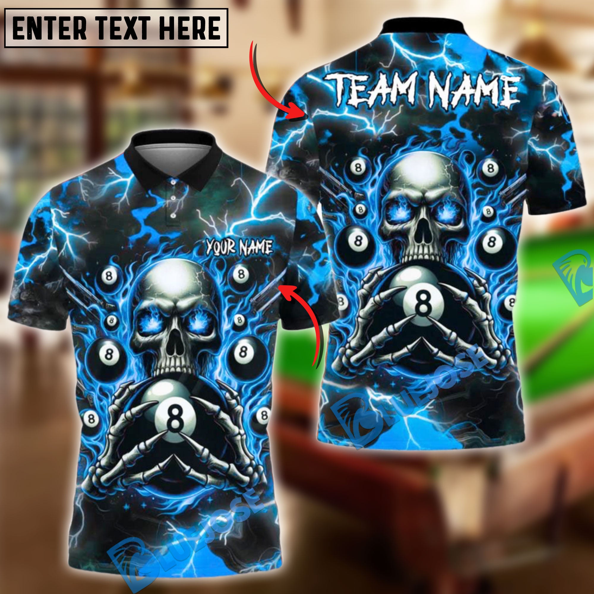 BlueJose Billiards Ball 8 Pool Skull Fire Thunder Personalized Name & Team Name Shirt (4 Colors)